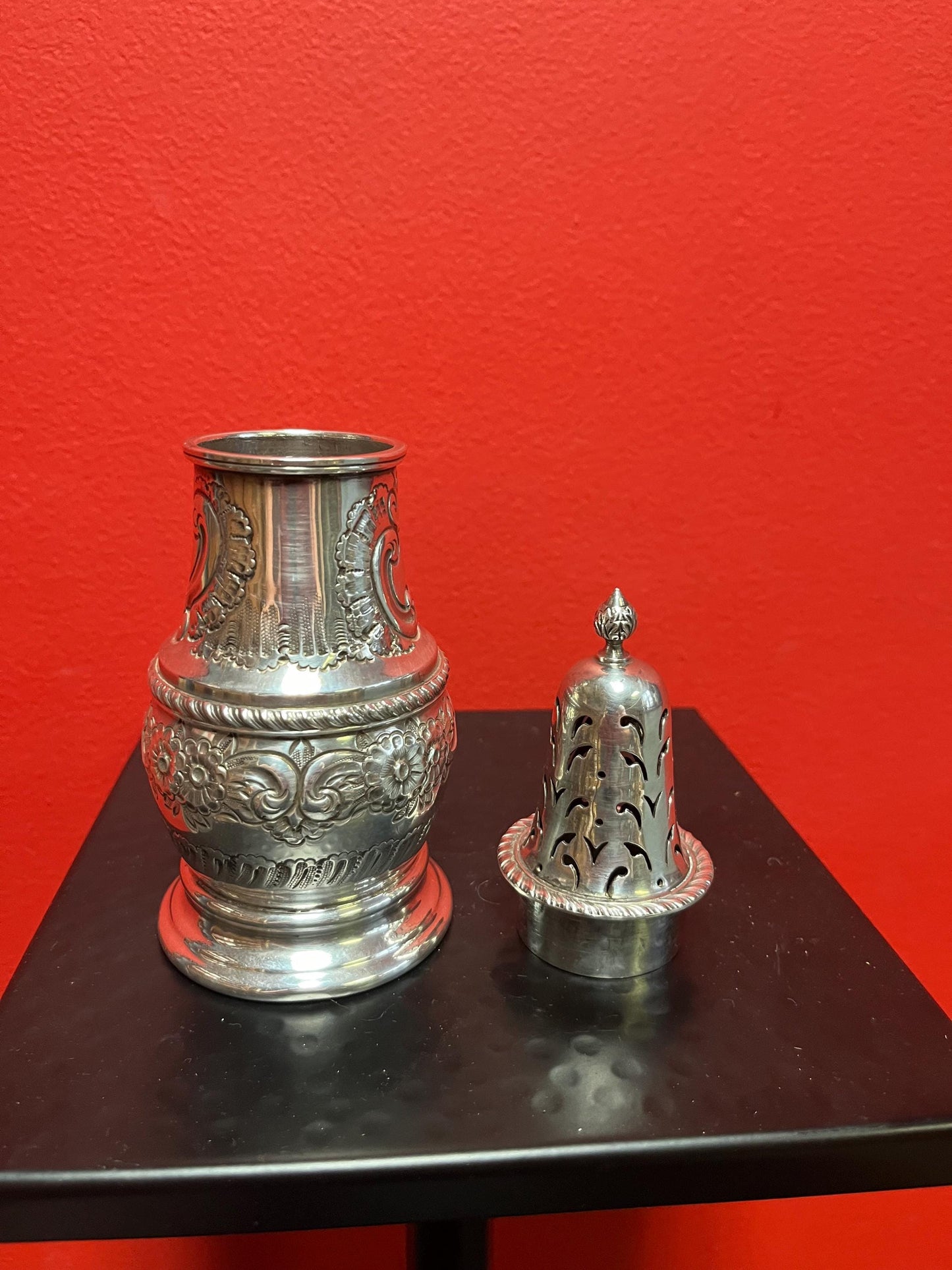 Beautiful English antique 7 inch tall sugar caster with heavy decoration  wonderful condition and ready to gift
