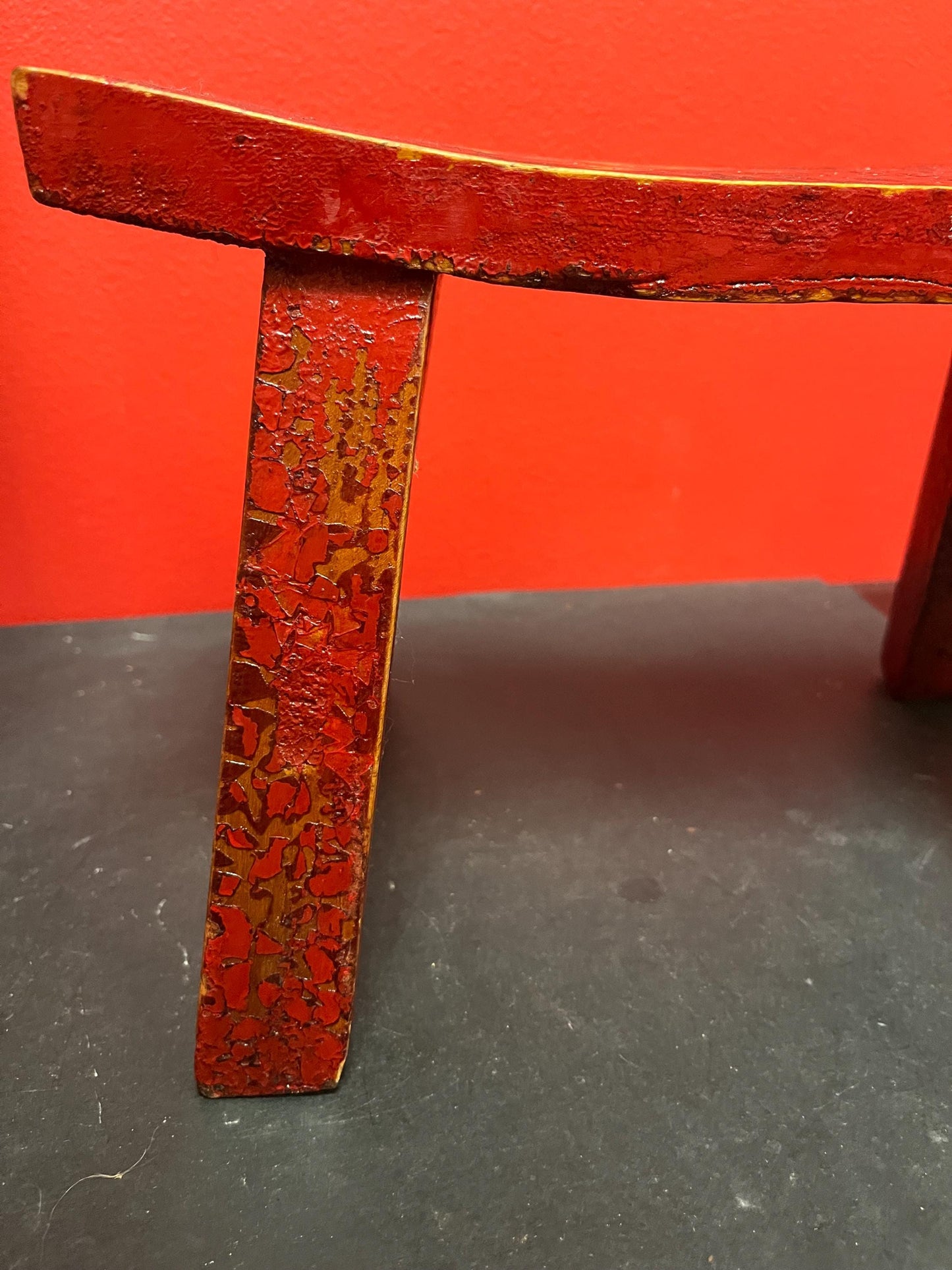 Beautiful antique 11 x 4 x 8 high Chinese red lacquer  stool or headrest  amazing patina
