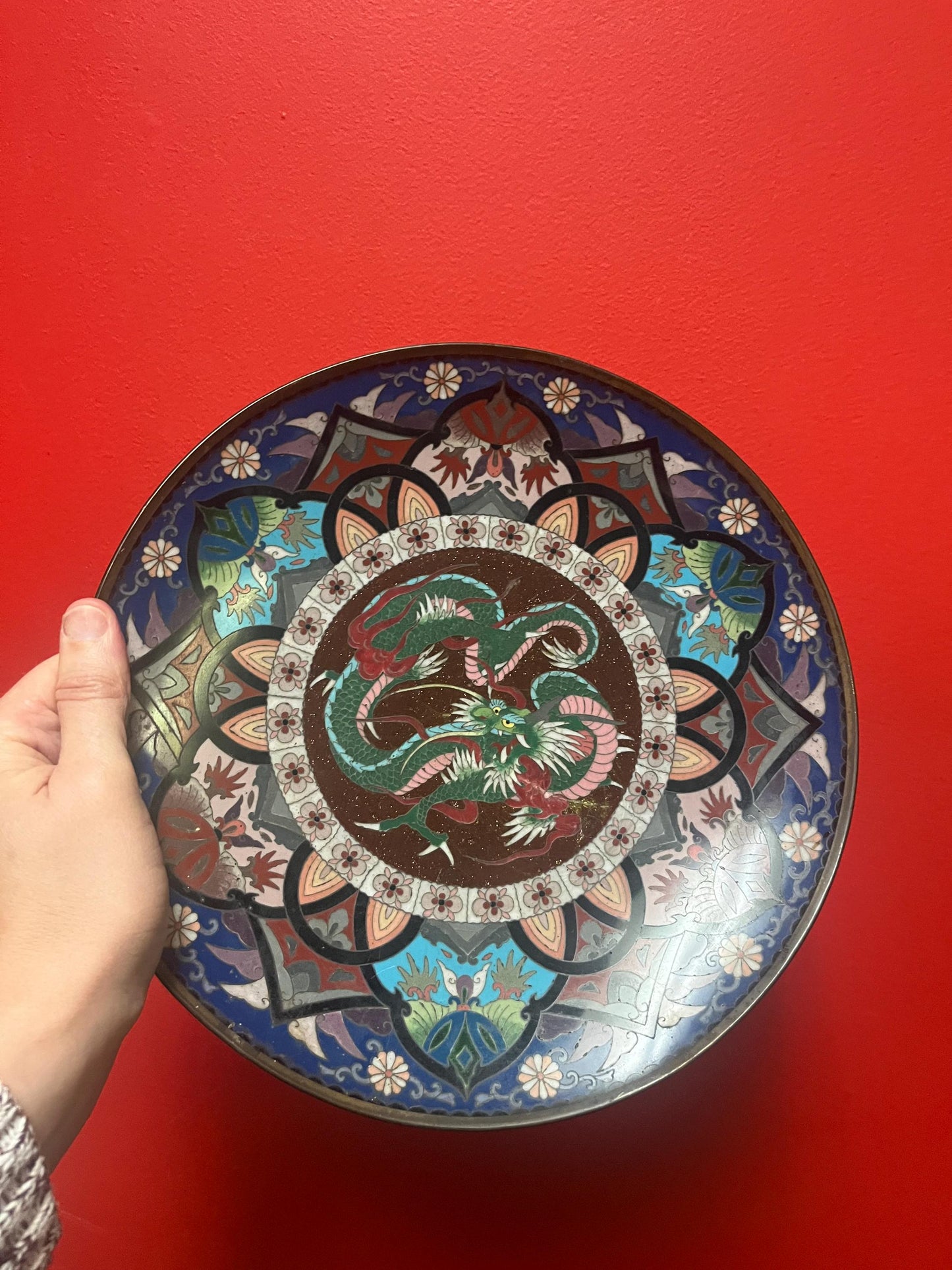 Stunning antique Japanese 12 inch wide cloisonné charger with dragons  front perfect  and back minor damage  amazing piece - wow