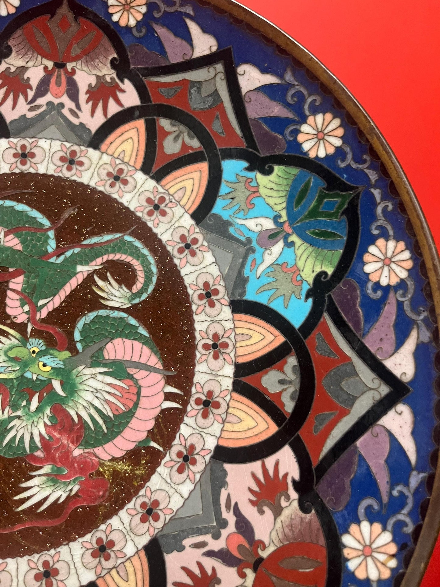 Stunning antique Japanese 12 inch wide cloisonné charger with dragons  front perfect  and back minor damage  amazing piece - wow