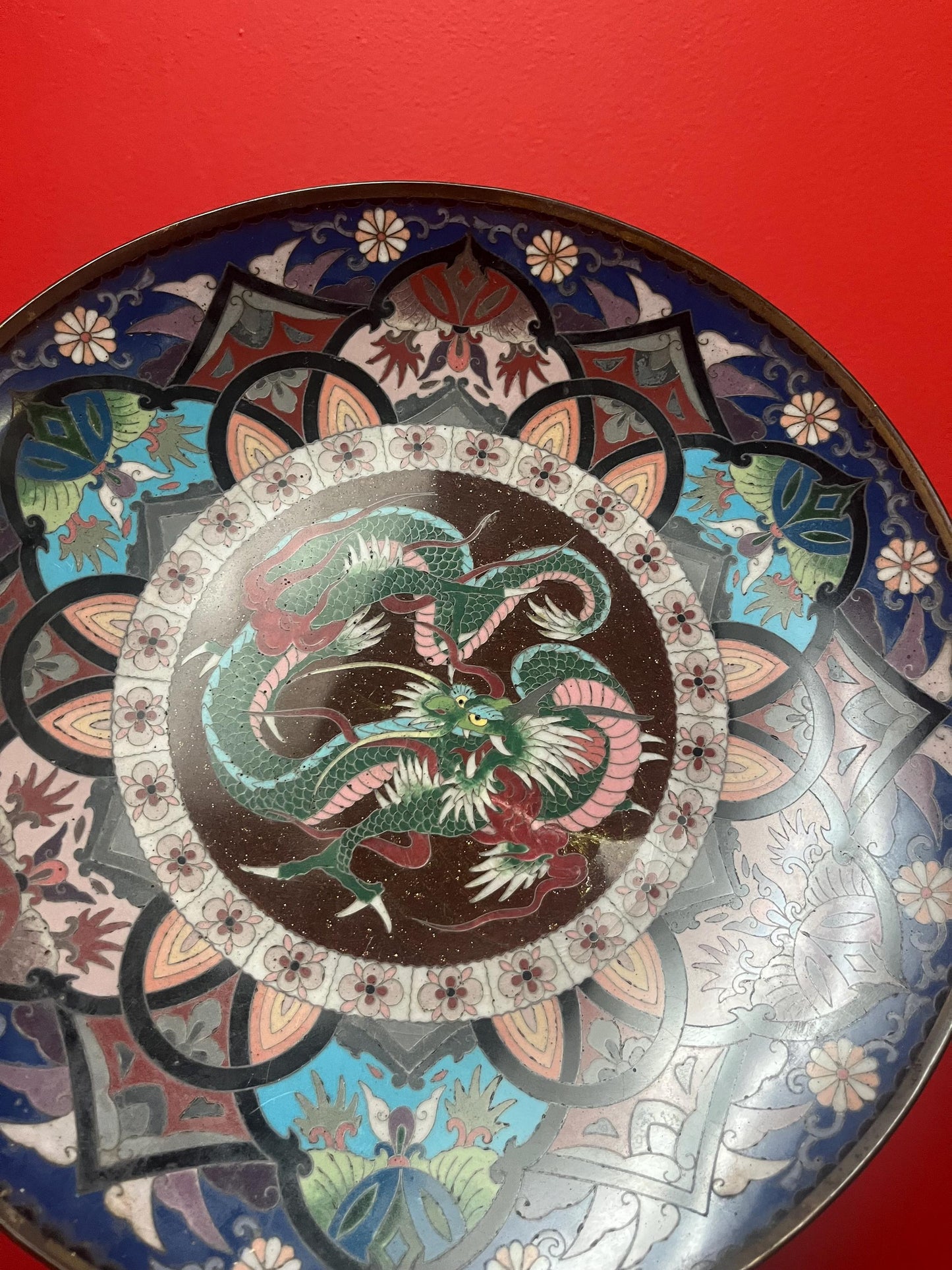 Stunning antique Japanese 12 inch wide cloisonné charger with dragons  front perfect  and back minor damage  amazing piece - wow