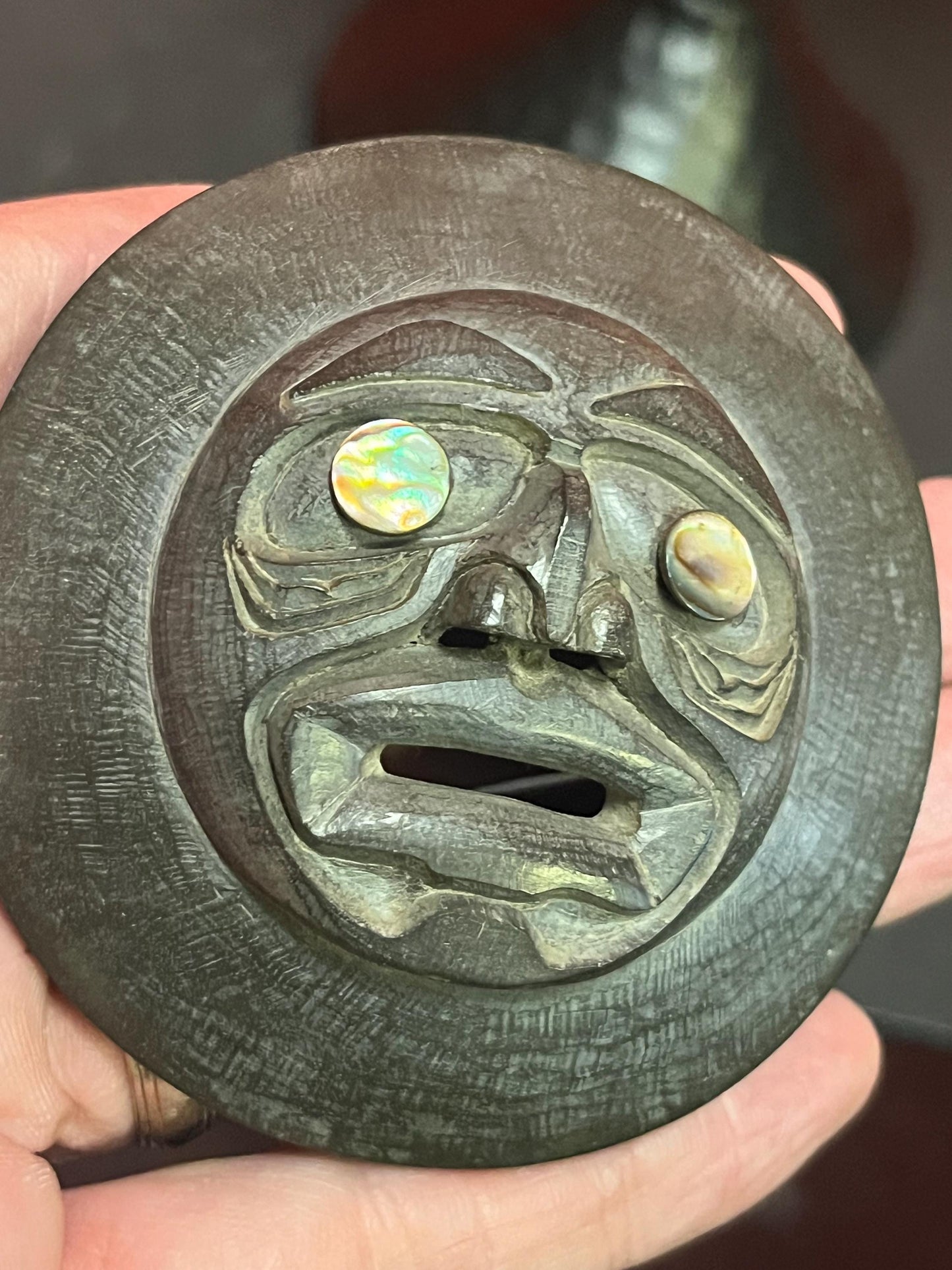 3 inch stunning argillite moon mask with abalone eyes  wonderful condition and amazing imagery!