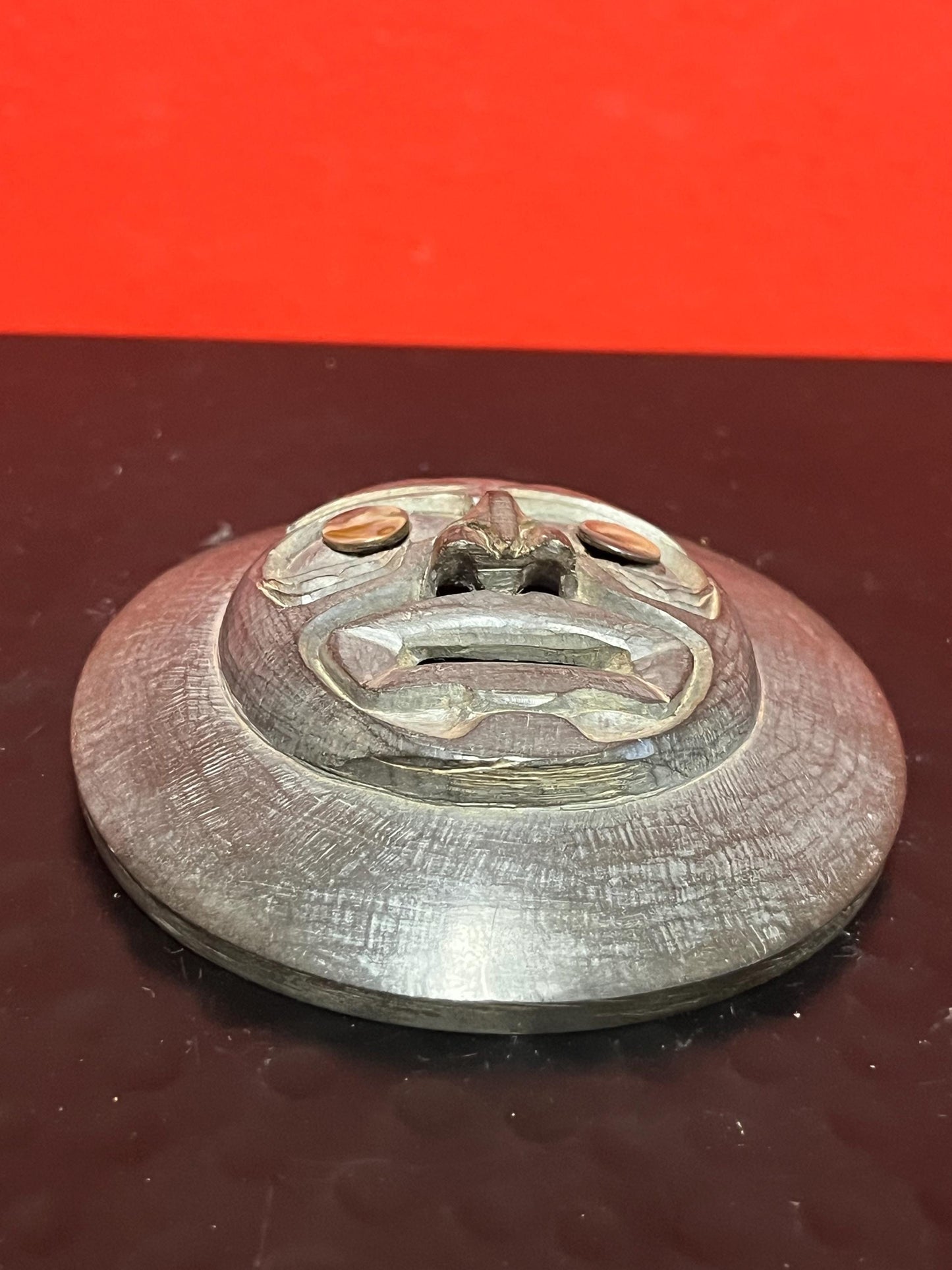 3 inch stunning argillite moon mask with abalone eyes  wonderful condition and amazing imagery!