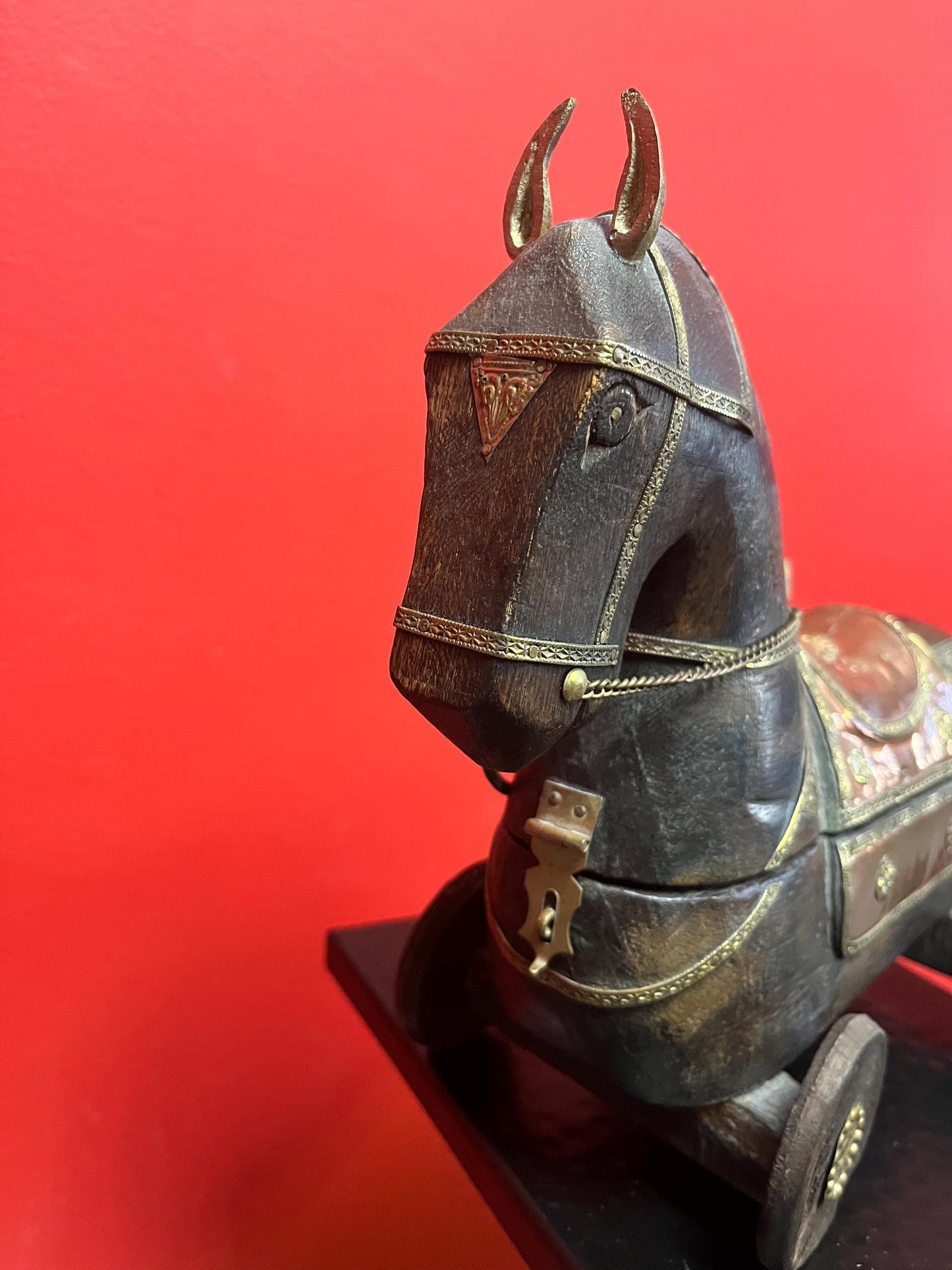 Absolutely stunning southeast Asian copper, brass and wooden horse box  on wheels  delightful Asian piece  9 x 6 high