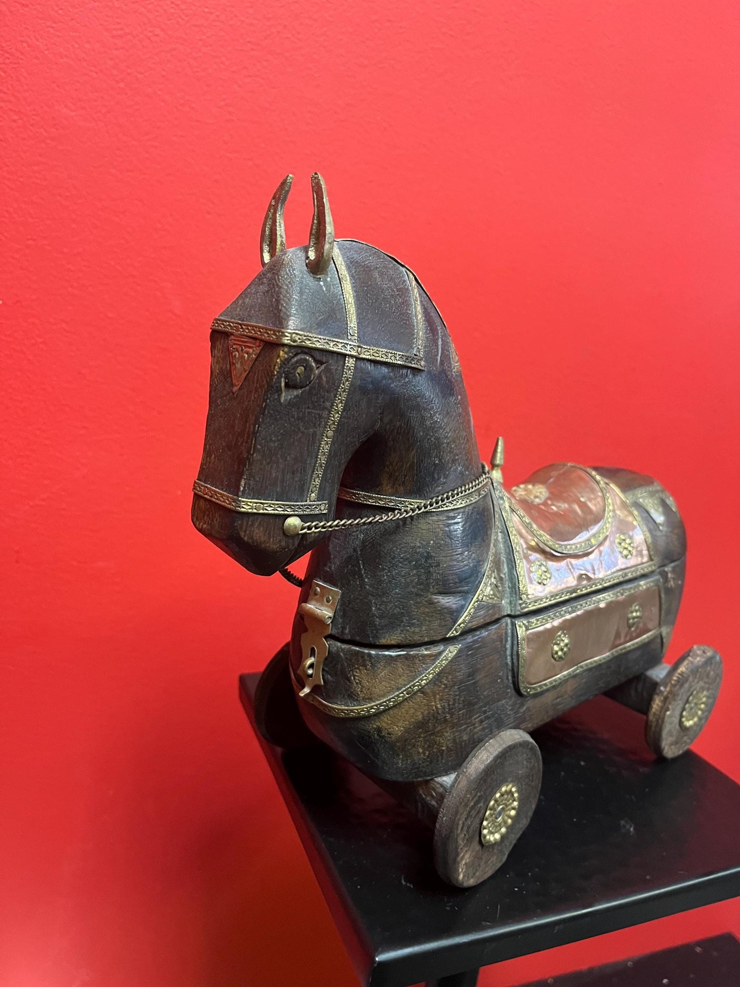 Absolutely stunning southeast Asian copper, brass and wooden horse box  on wheels  delightful Asian piece  9 x 6 high