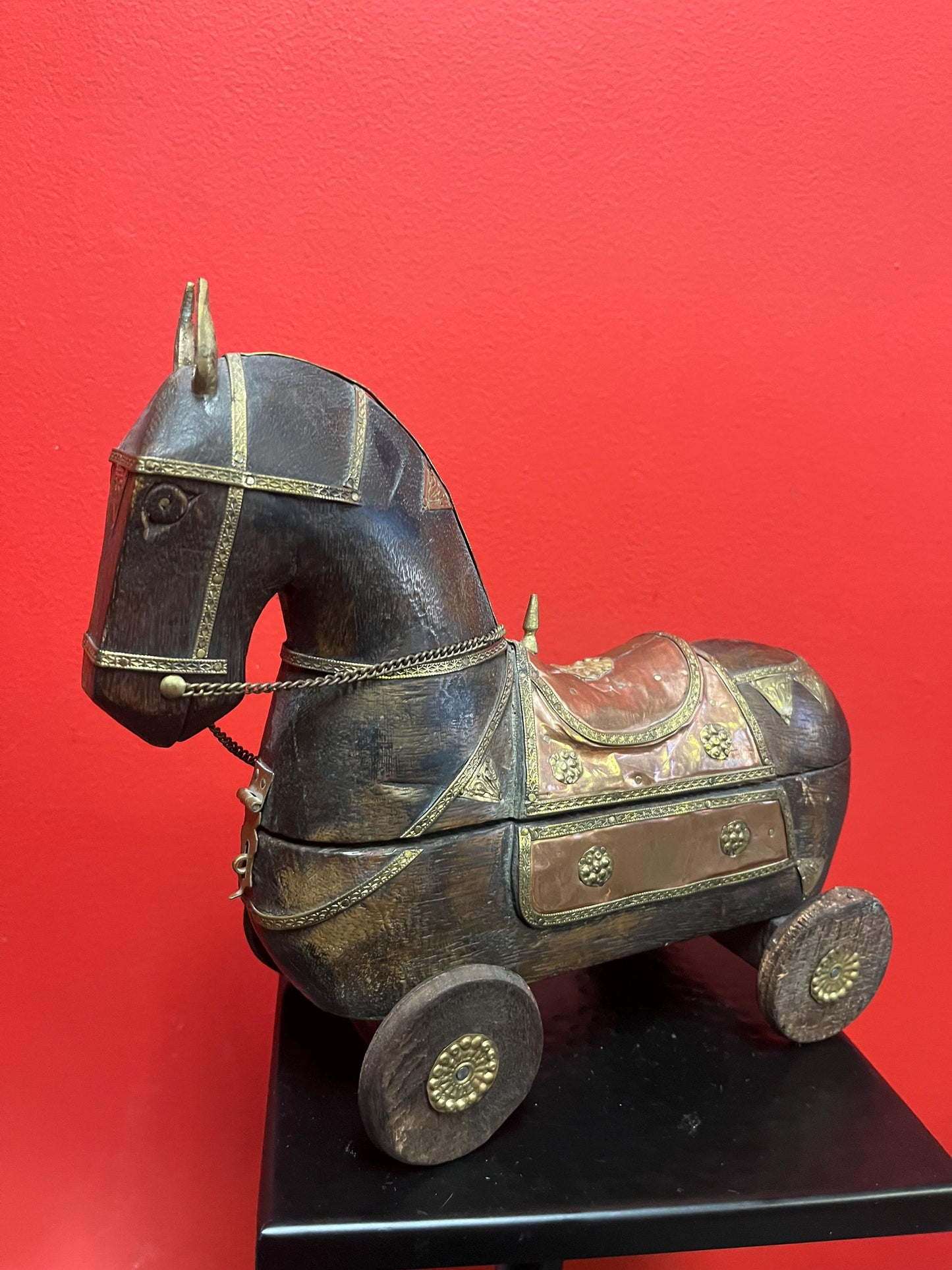 Absolutely stunning southeast Asian copper, brass and wooden horse box  on wheels  delightful Asian piece  9 x 6 high