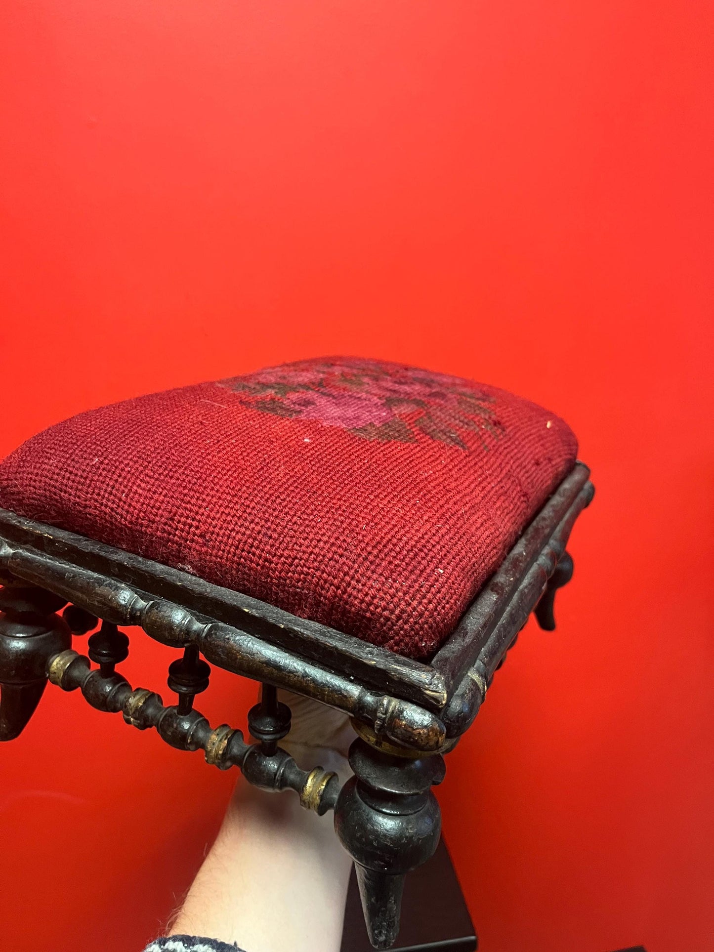 Beautiful antique 19 century 12 x 8 x 5 high Victorian wood and upholstered stool   beautiful roses  amazing condition for age   gift