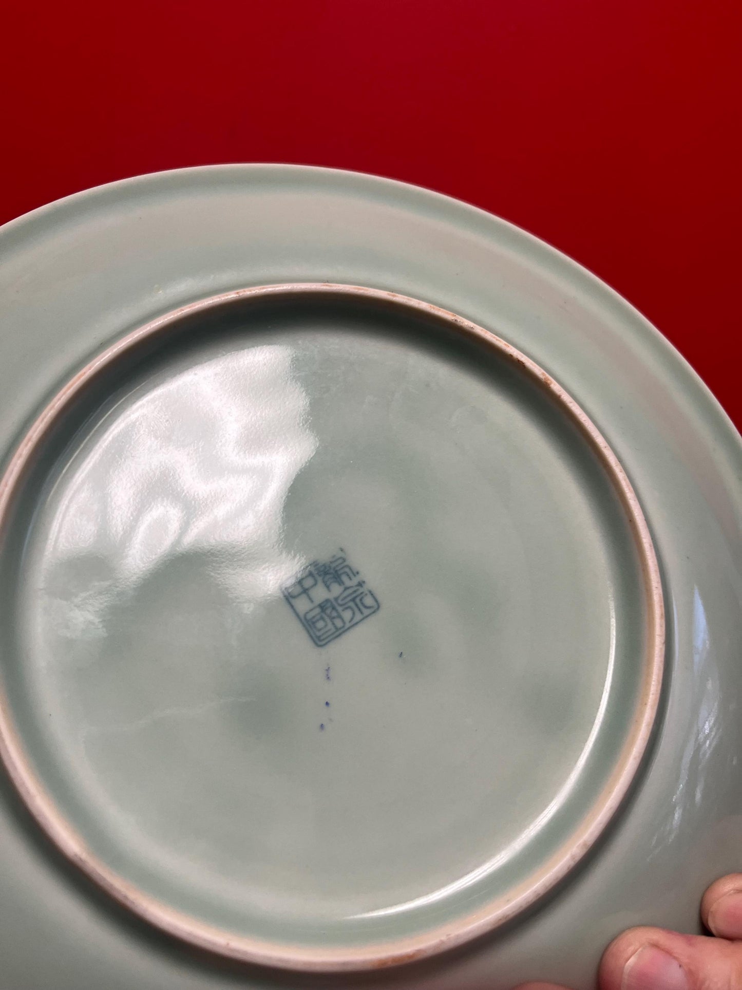 Wow  fabulous  Chinese signed celadon 10 inch wide charger depicting koi fish  beautiful imagery perfect condition