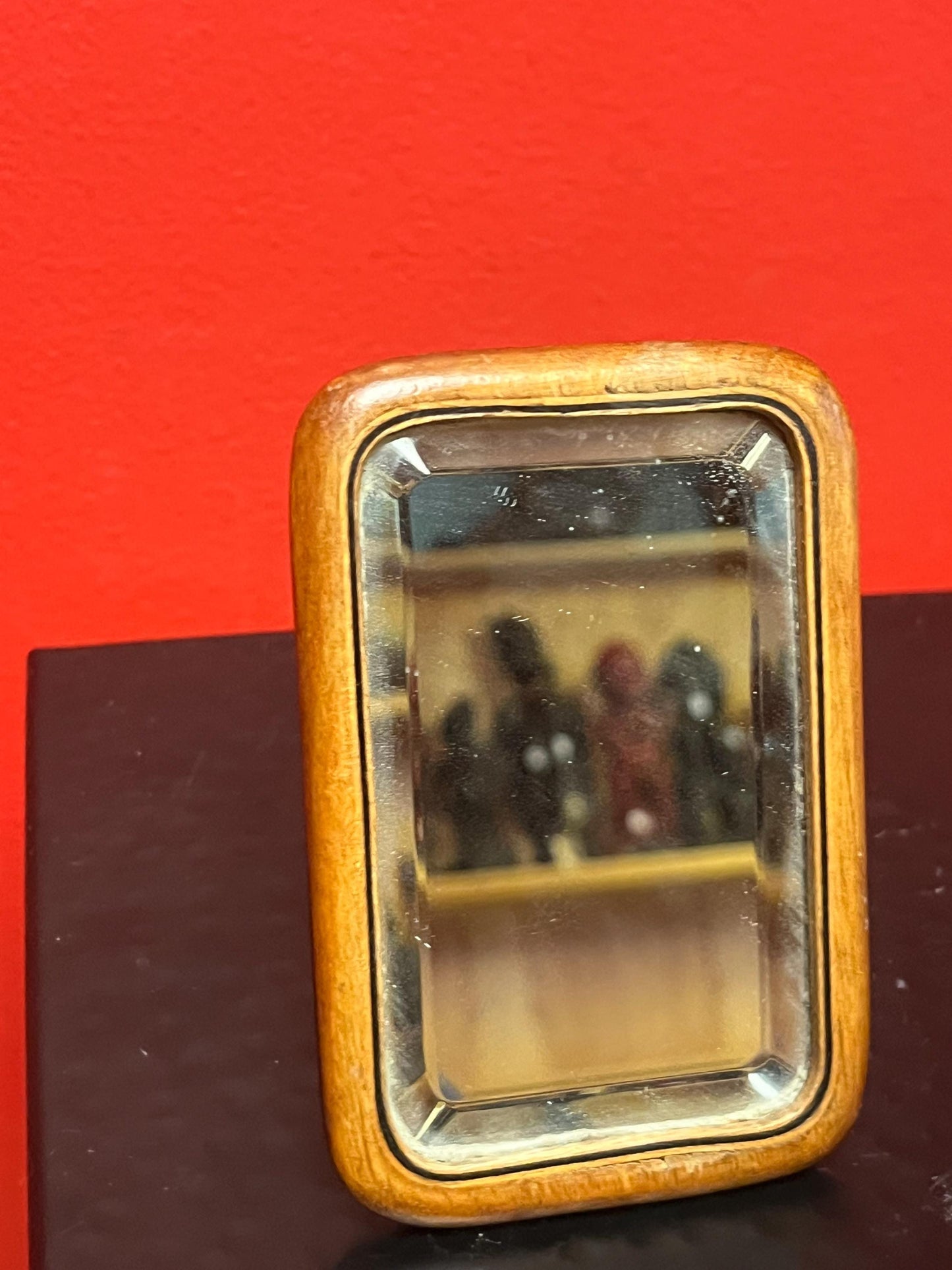 Amazing 1920s oak and bevelled glass travel mirror   perfect condition  5 x 3 wide fabulous gift