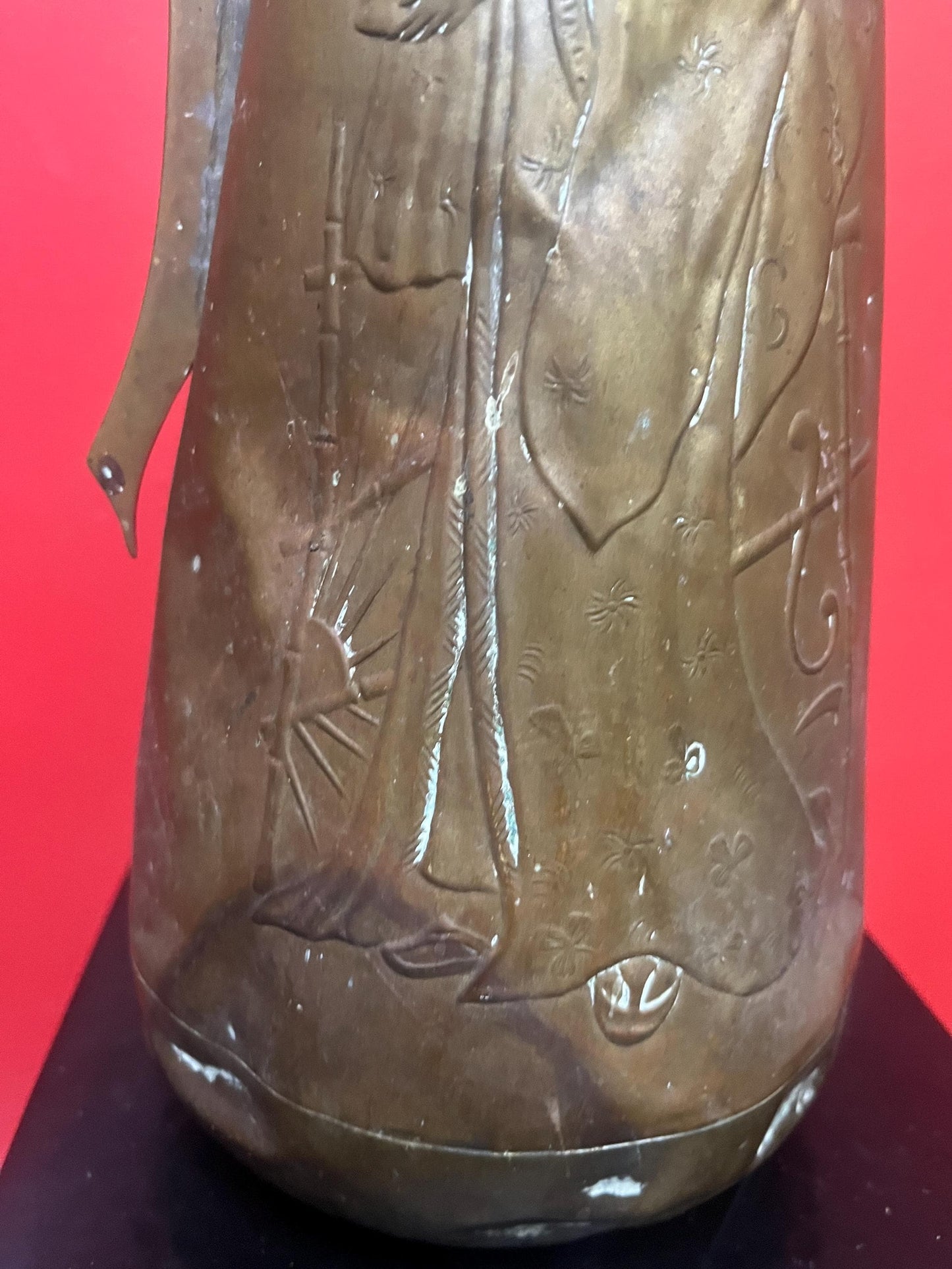 Beautiful antique 13 inch tall art nouveau pitcher depicting a beautiful lady little rough condition but seems to hold water- great decor