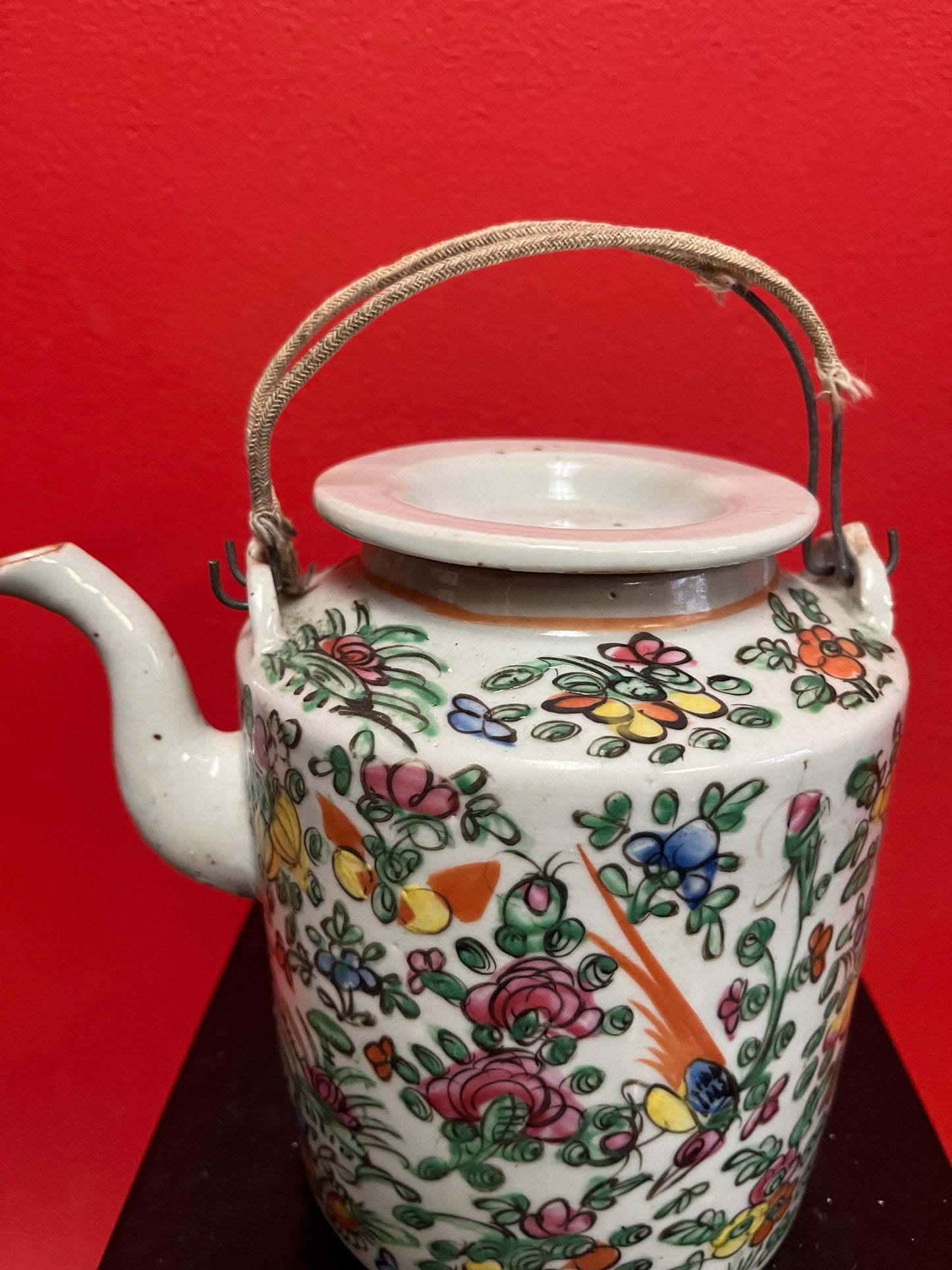 Stunning 9 inch high 19 century Chinese Cantonese famille rose teapot with original lid  fabulous condition and wonderful price
