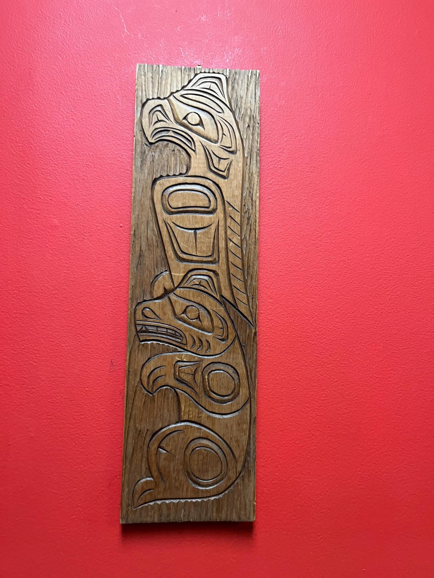 Beautiful 17 x 6 indigenous first nations Pacific northwest Coast Eagle bear transformation plaque in Cedar   ready to hang