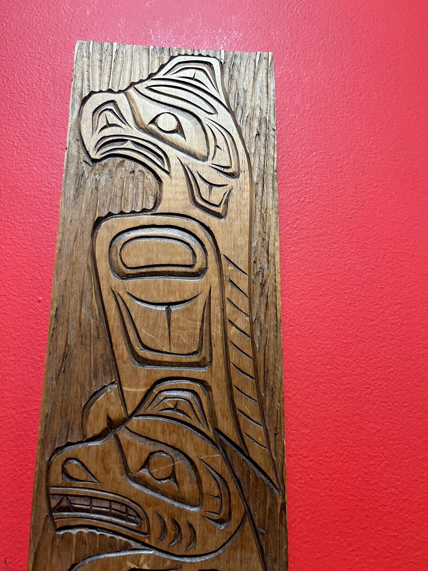 Beautiful 17 x 6 indigenous first nations Pacific northwest Coast Eagle bear transformation plaque in Cedar   ready to hang