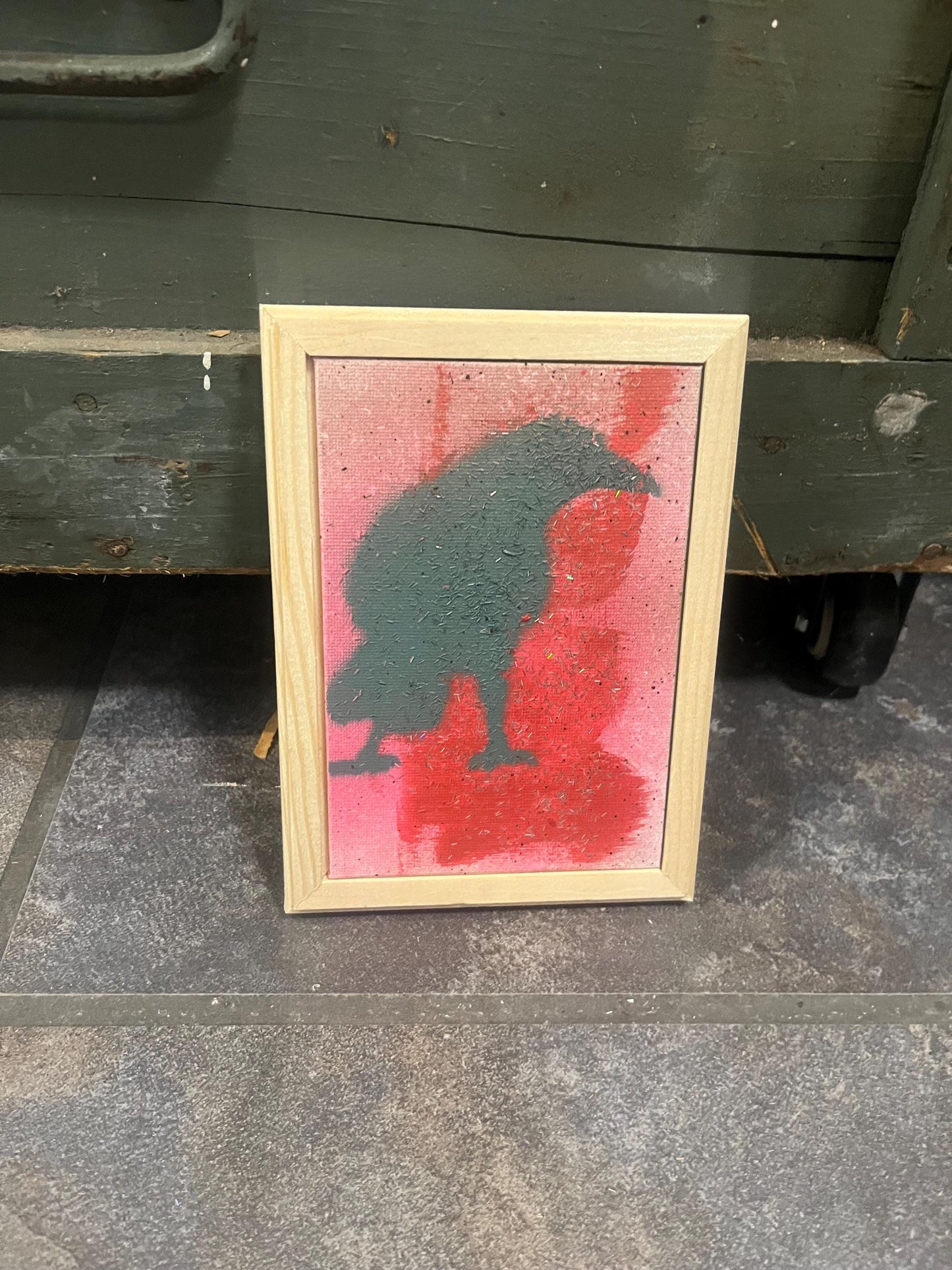 Visually impaired original artist Eli St. John  Vancouver Island artist  5 x 7 crow painting in Pine frame  wow