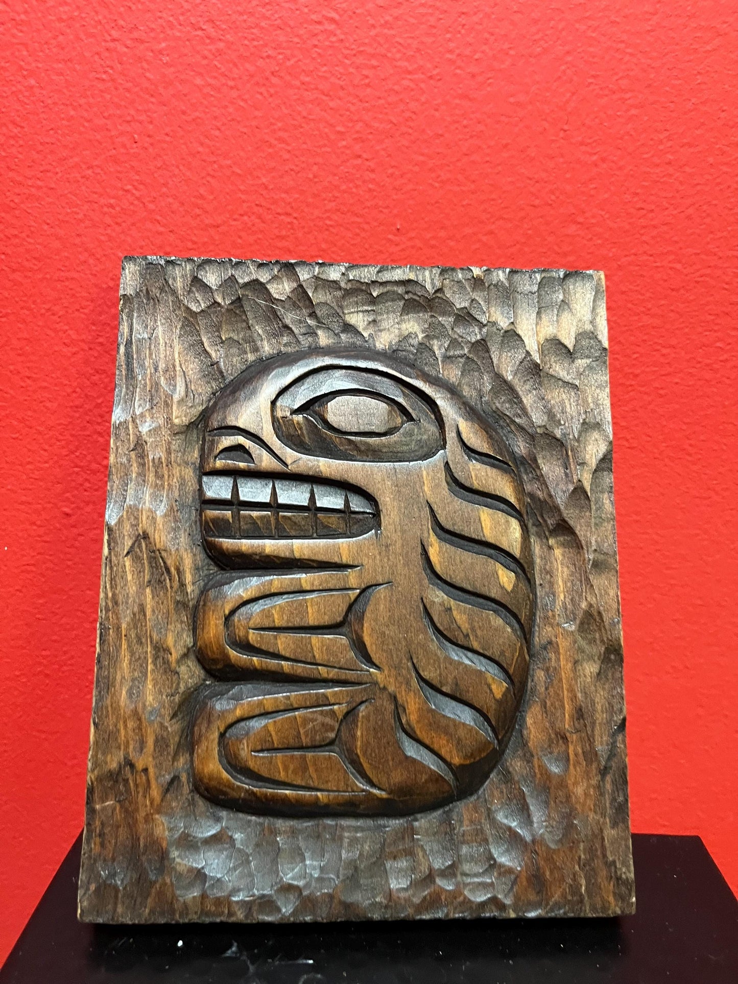 Lovely signed black fish by MAURY CLARK indigenous first nation specific northwest coast  cedar  needs hanger  7 x 5