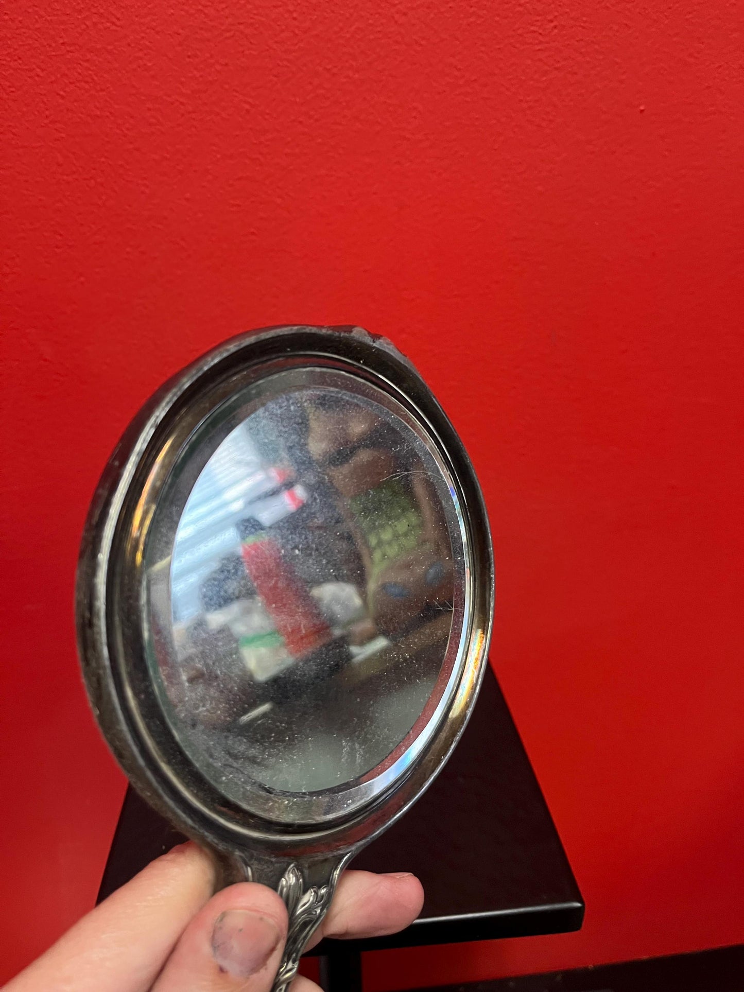 Stunning 10 inch long English antique silver plated hand mirror — Some wear — mirror perfect — wonderful gift