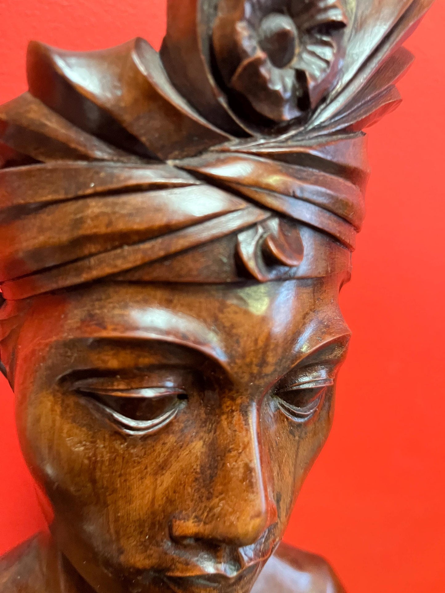 Beautiful heavy 17 inch tall signed wooden statue of a male warrior   Indonesian old  perfect condition and detail