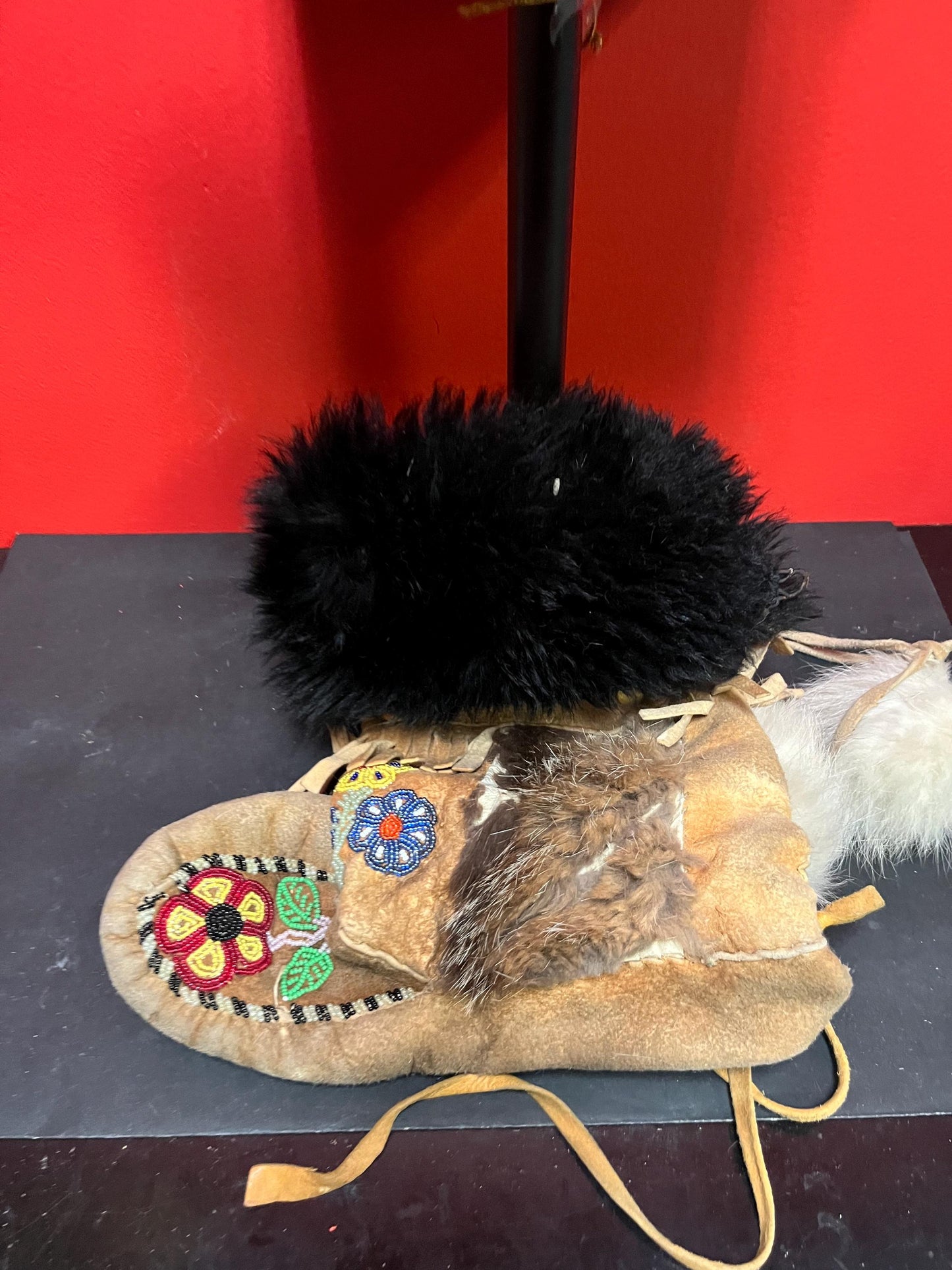 16 x 12 long indigenous first nations specific northwest Coast leather fur beaded moccasins in less than perfect condition  see photos