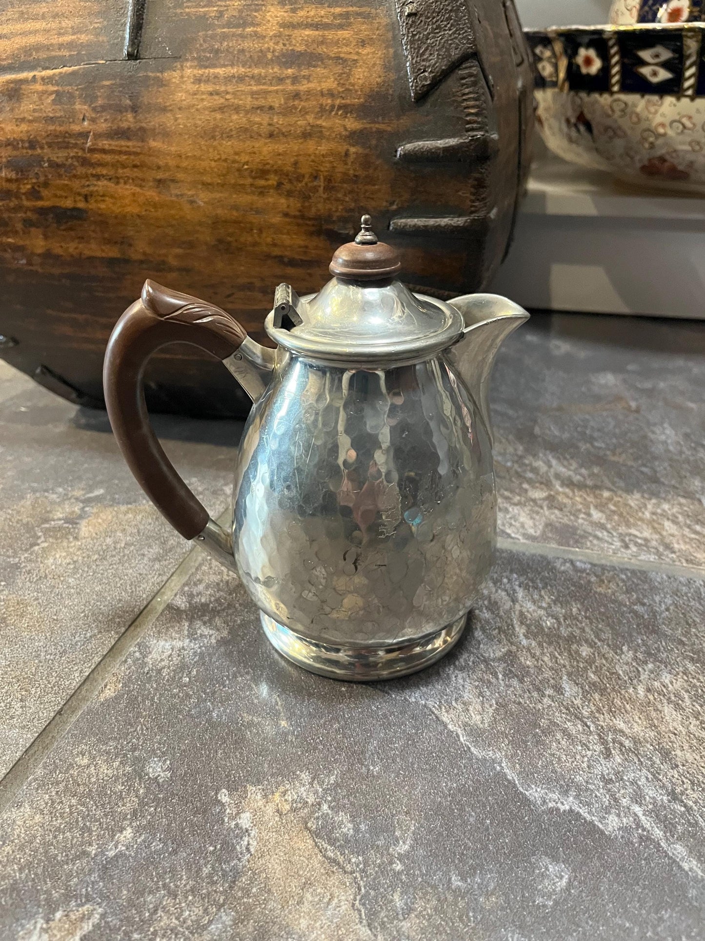 Beautiful signed English hammer pewter hot water jug  good value - 8 inches tall