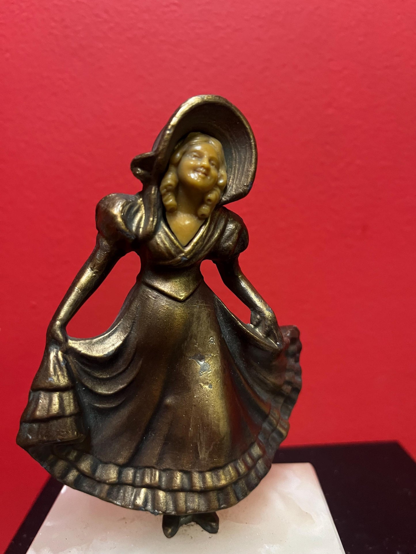 Antique bronze and bone statue of a lady on onyx base  wonderful condition and patina -  six inches high - art nouveau beauty