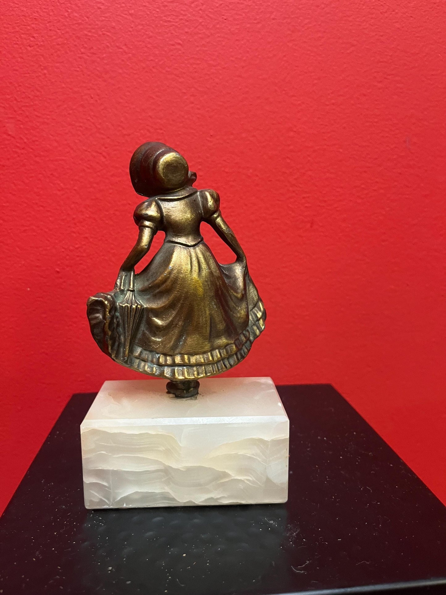 Antique bronze and bone statue of a lady on onyx base  wonderful condition and patina -  six inches high - art nouveau beauty