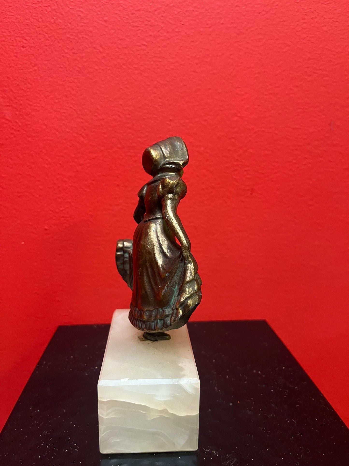 Antique bronze and bone statue of a lady on onyx base  wonderful condition and patina -  six inches high - art nouveau beauty