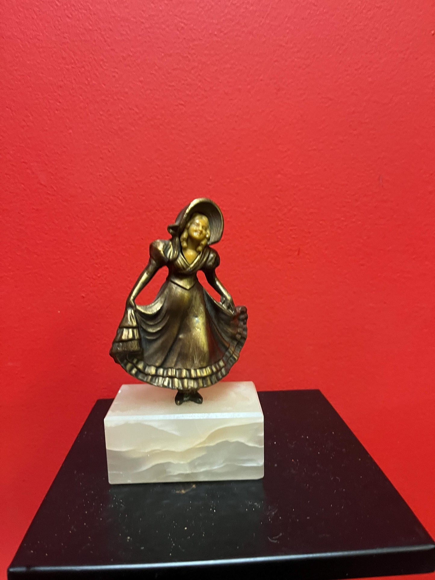 Antique bronze and bone statue of a lady on onyx base  wonderful condition and patina -  six inches high - art nouveau beauty