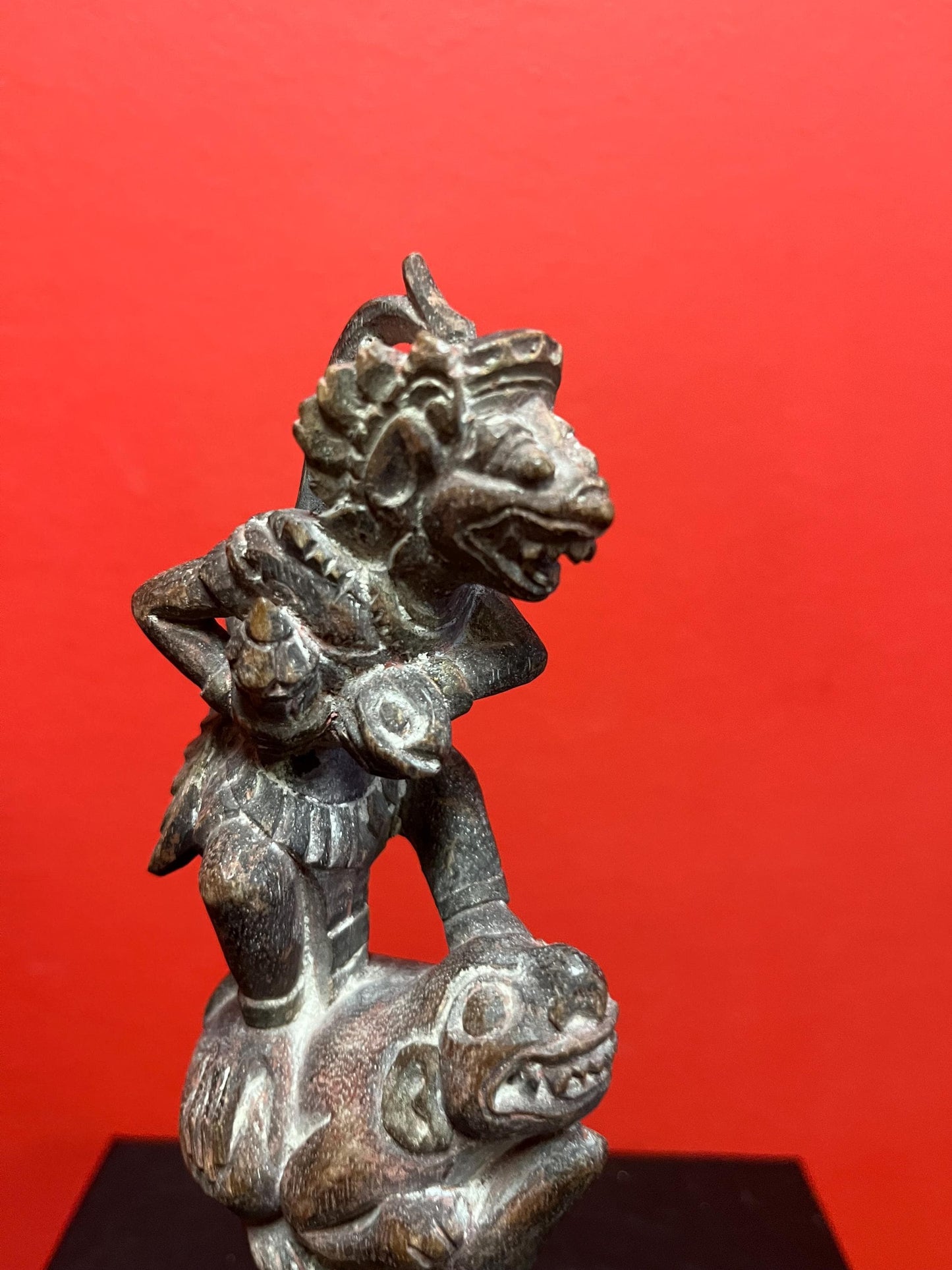 Beautiful 8 inch tall southeast Asian antique intricately carved wooden mythical statue on stand  great detail and perfect gift