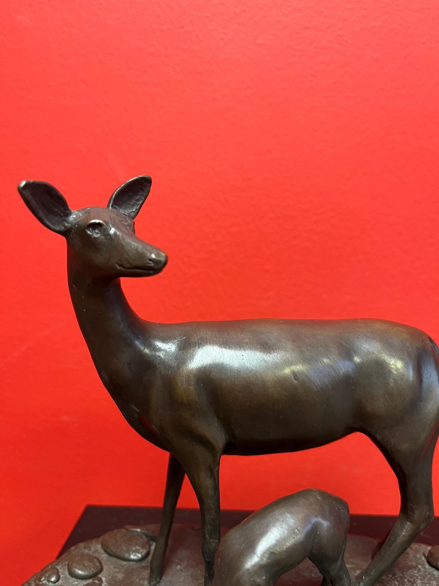 Lovely 8 x  6 1/2 inch high solid bronze antique deer and fawn  great condition and beautiful patina