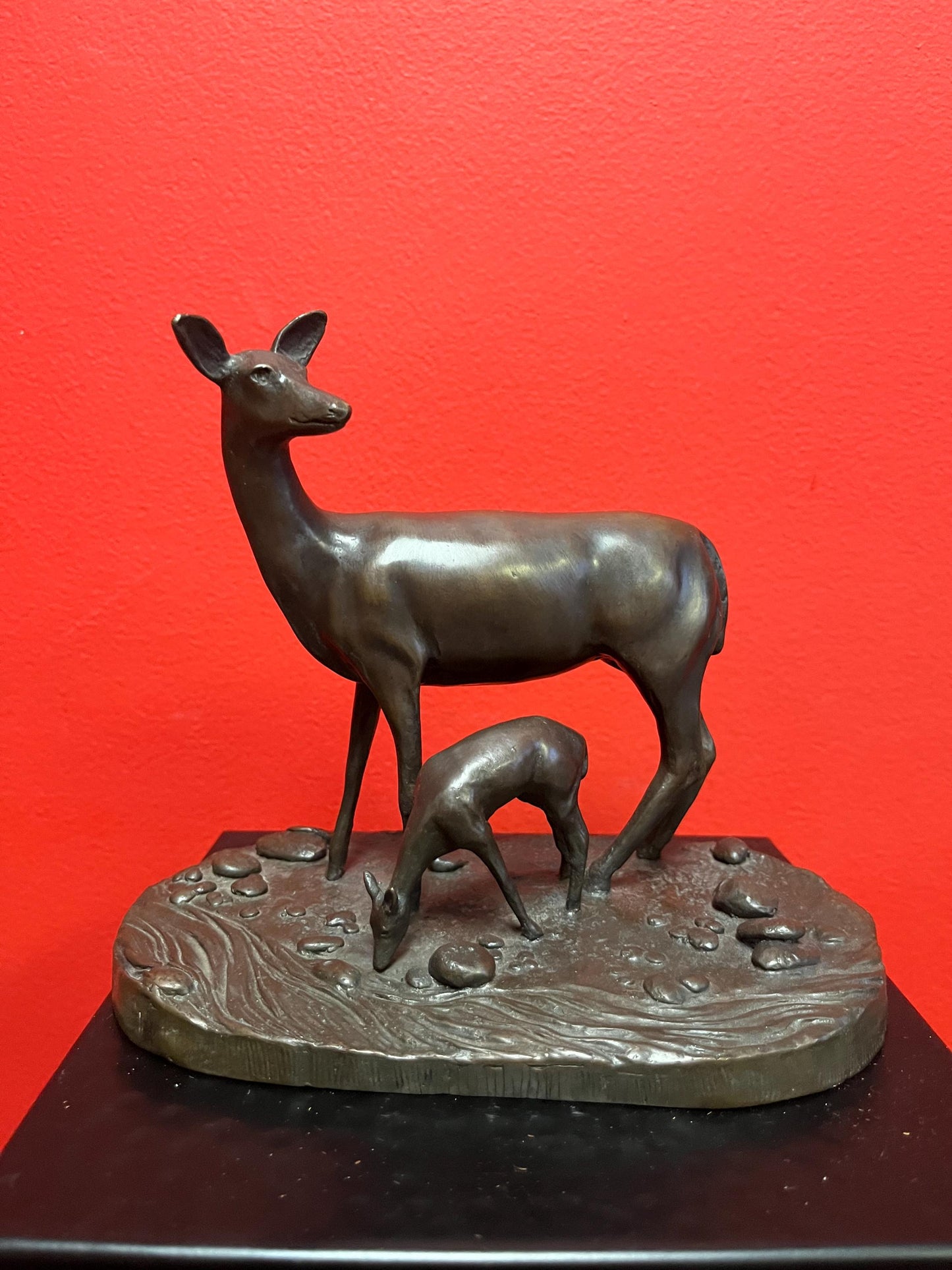 Lovely 8 x  6 1/2 inch high solid bronze antique deer and fawn  great condition and beautiful patina