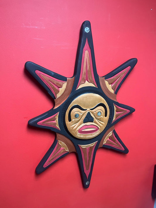 Absolutely fabulous signed 36 inch sun mask  indigenous first nations Pacific Northwest Coast sun mask with abalone  wow