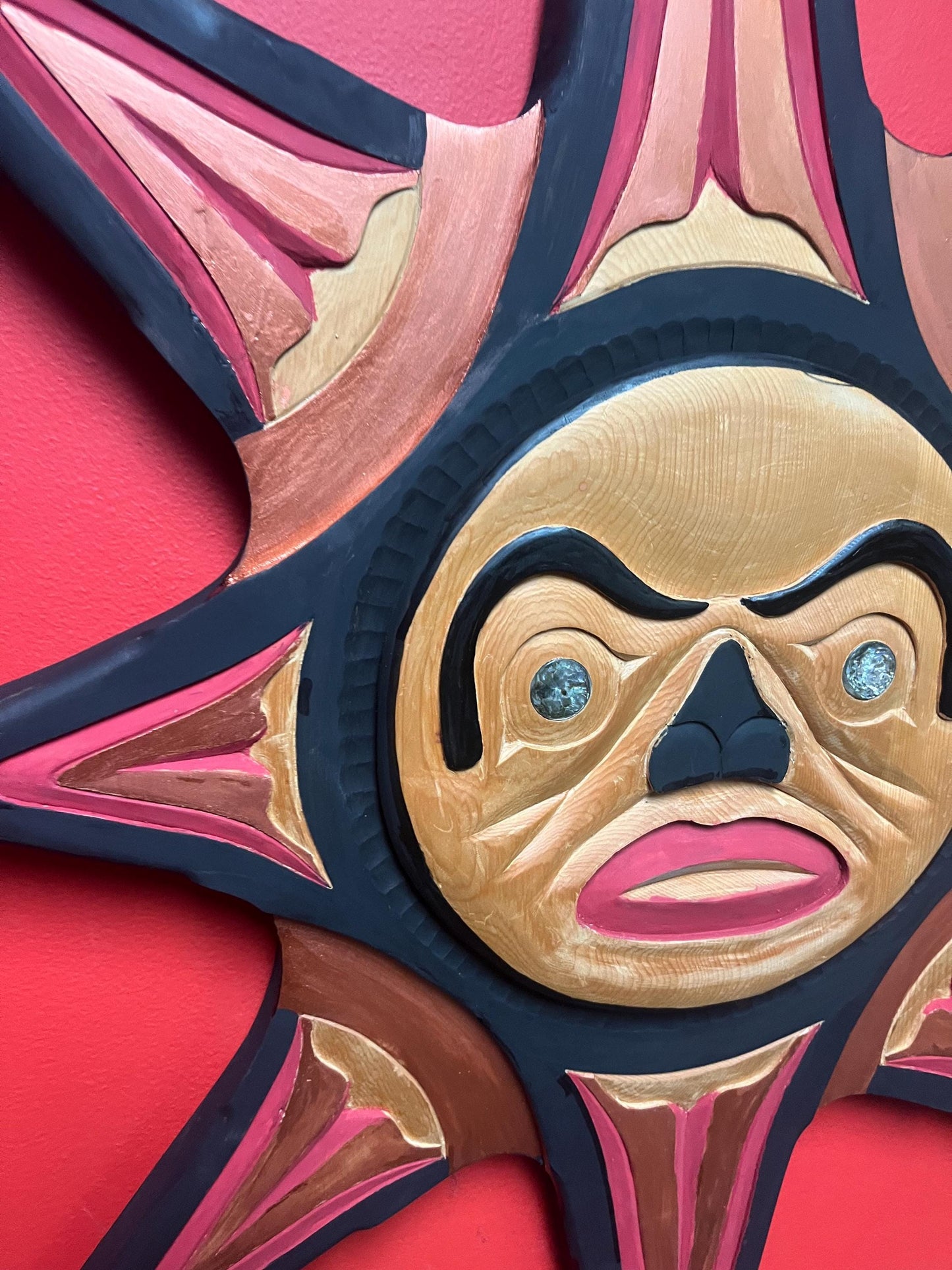 Absolutely fabulous signed 36 inch sun mask  indigenous first nations Pacific Northwest Coast sun mask with abalone  wow