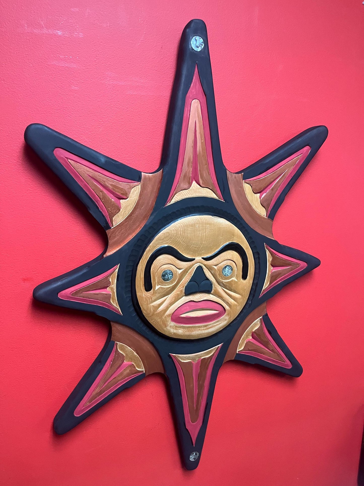 Absolutely fabulous signed 36 inch sun mask  indigenous first nations Pacific Northwest Coast sun mask with abalone  wow