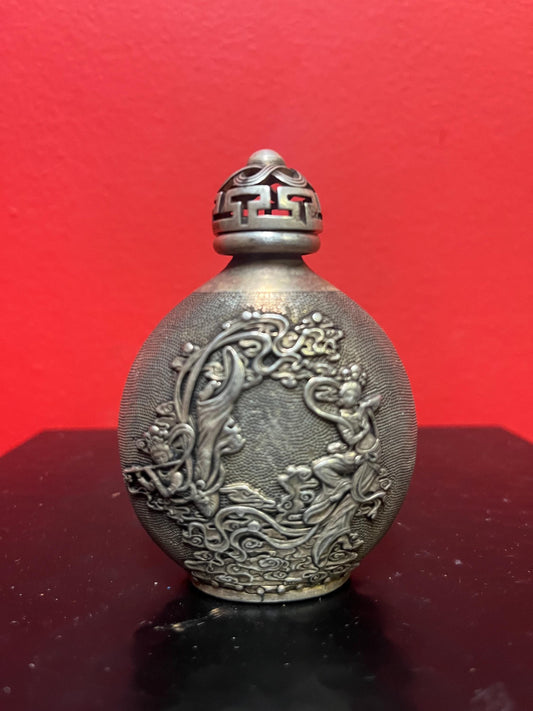 4 inch lovely untested silver Chinese signed snuff bottle  great imagery