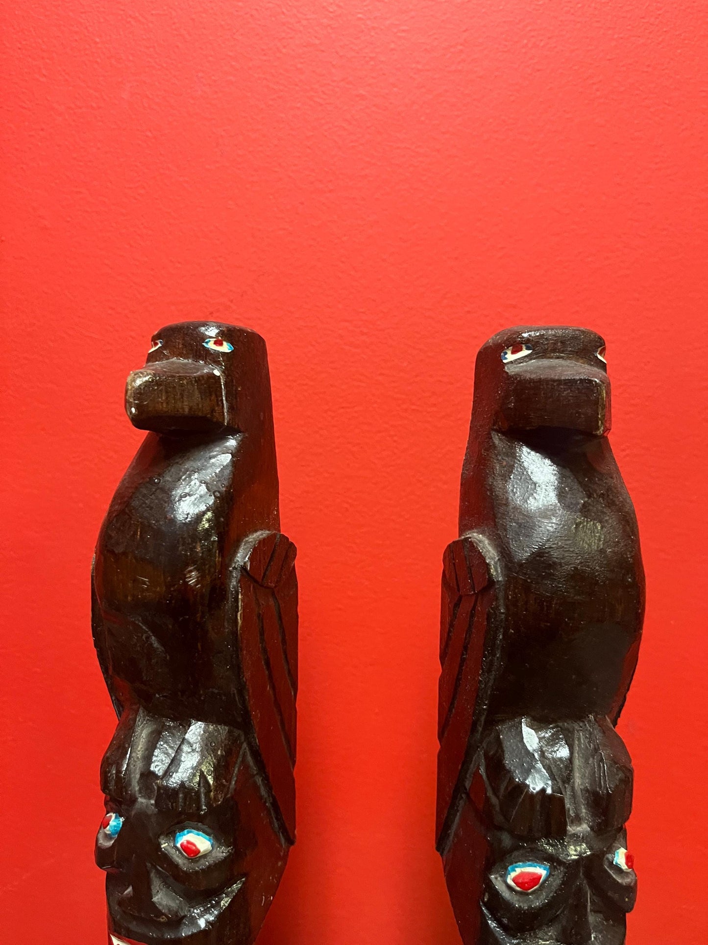 14 inch tall wooden totem bookends  Canadian indigenous wooden and painted beauties