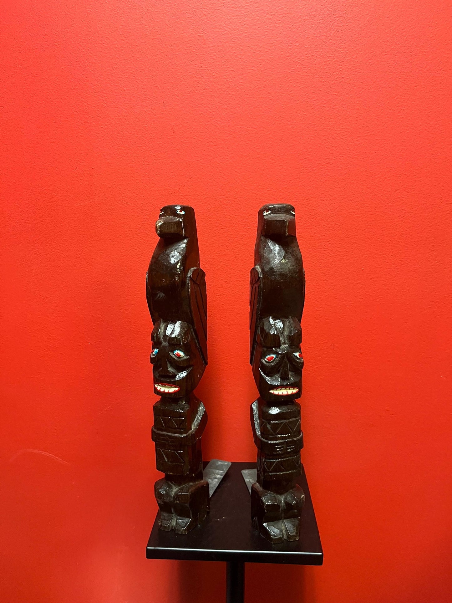 14 inch tall wooden totem bookends  Canadian indigenous wooden and painted beauties