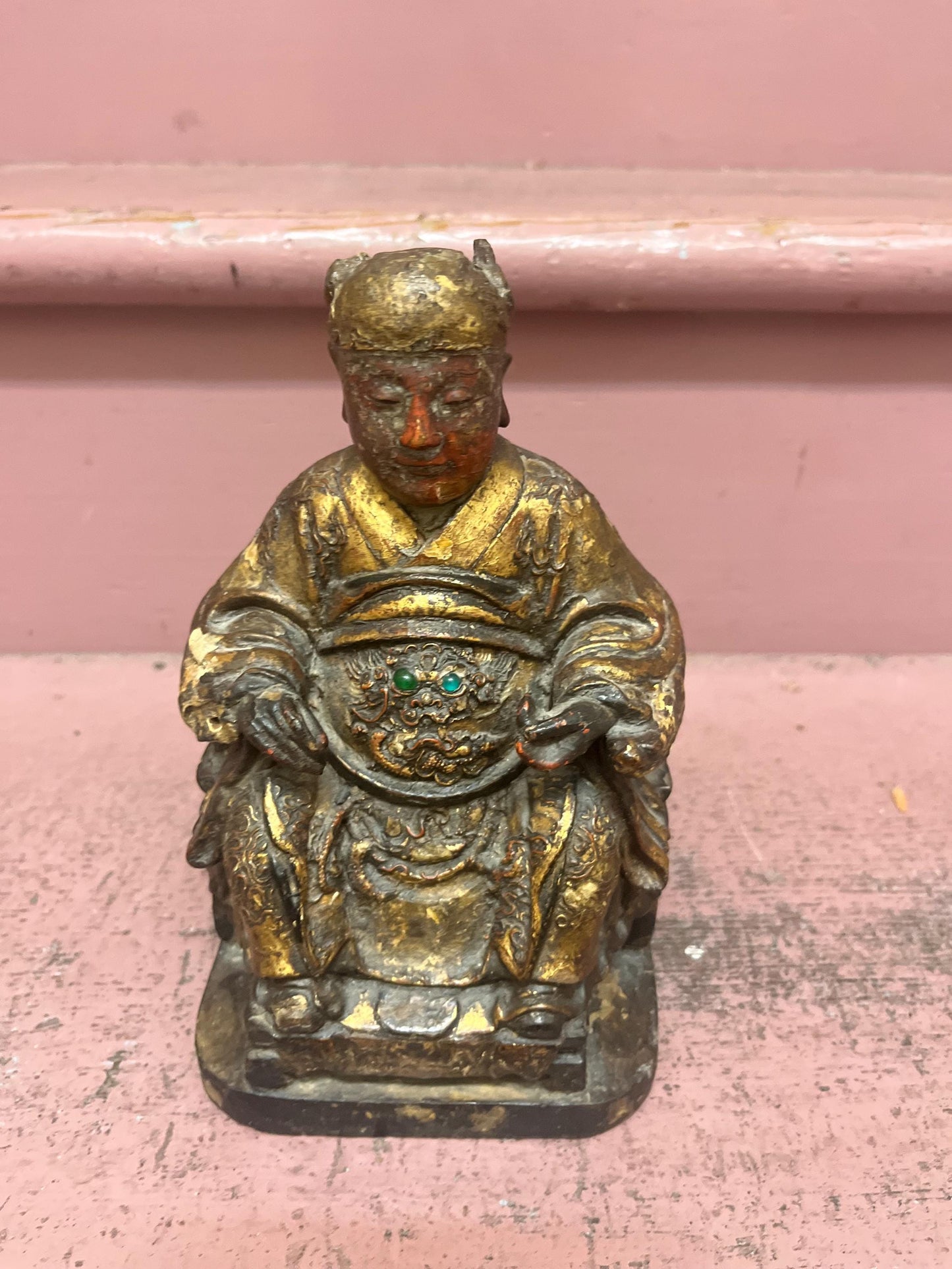 Stunning approx 18th century polychrome Chinese wooden statue of an emperor with glass eyes  great patina and detail  museum piece - 10“