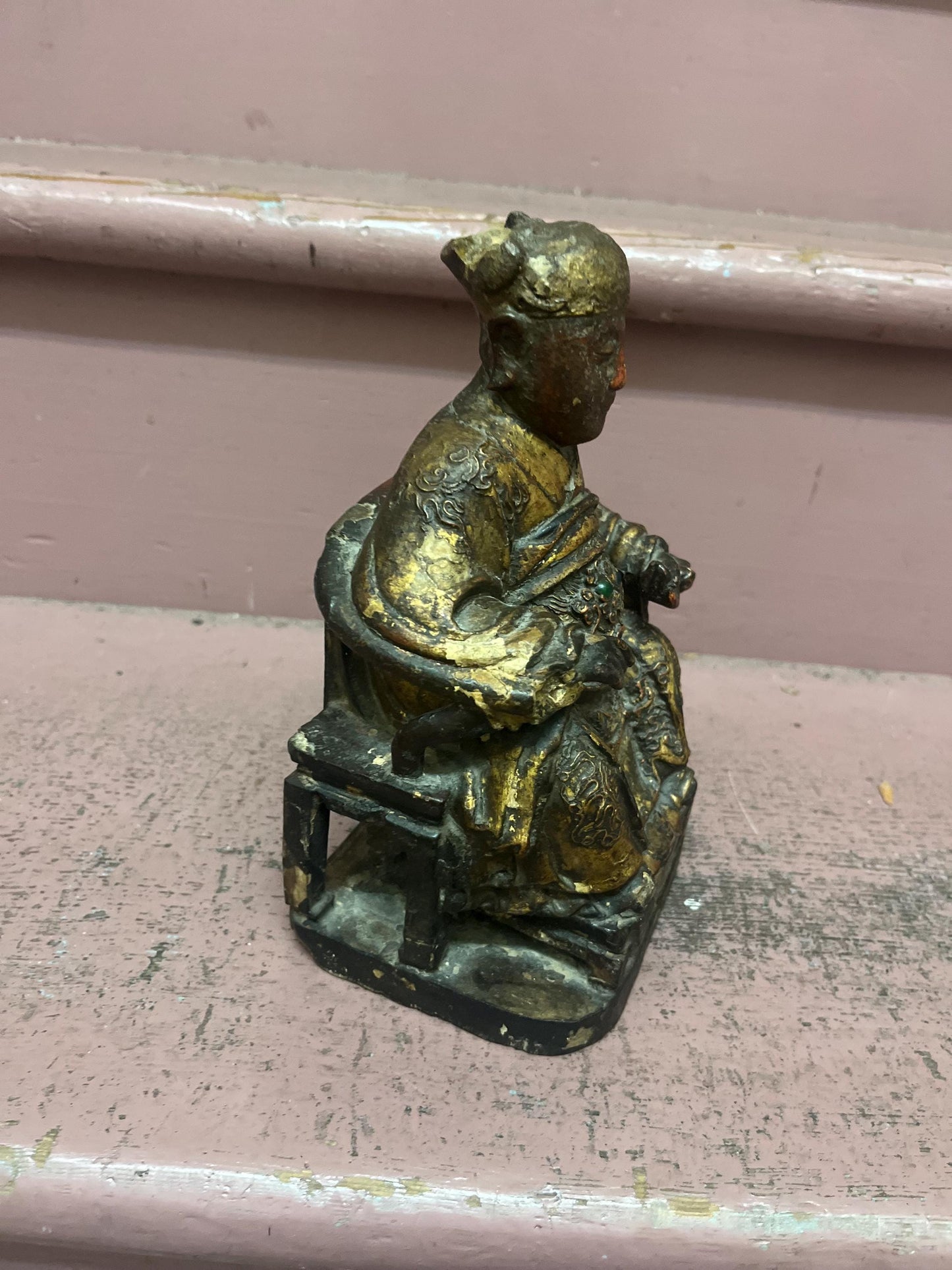 Stunning approx 18th century polychrome Chinese wooden statue of an emperor with glass eyes  great patina and detail  museum piece - 10“