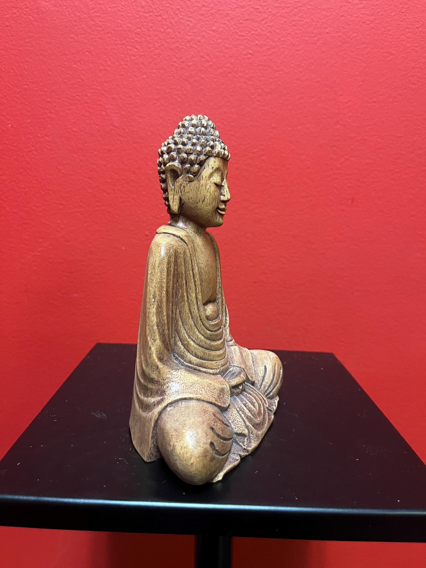 Lovely small Asian wooden carved Buddha with serene face  amazing detail  7 inches tall  wow
