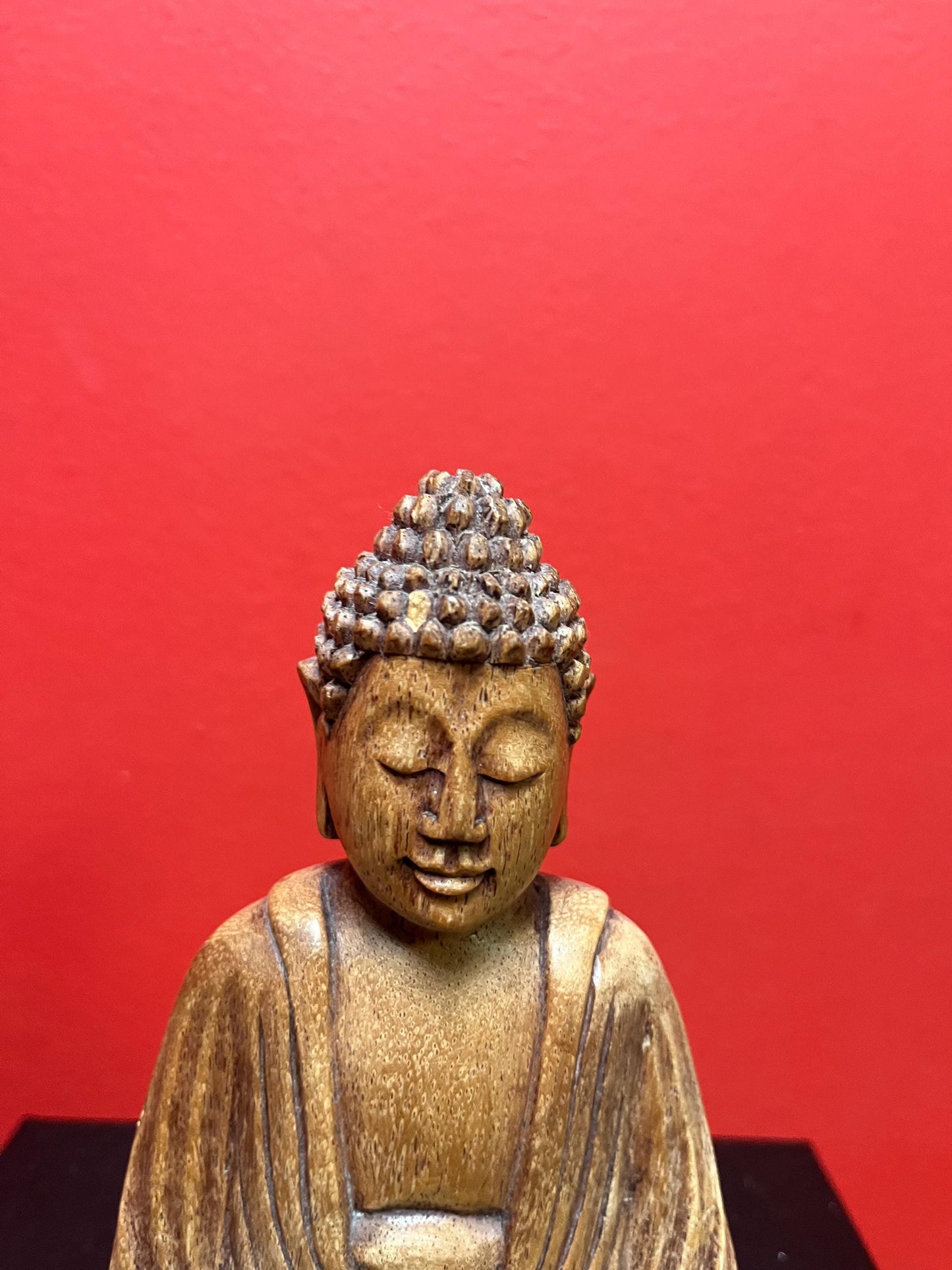Lovely small Asian wooden carved Buddha with serene face  amazing detail  7 inches tall  wow
