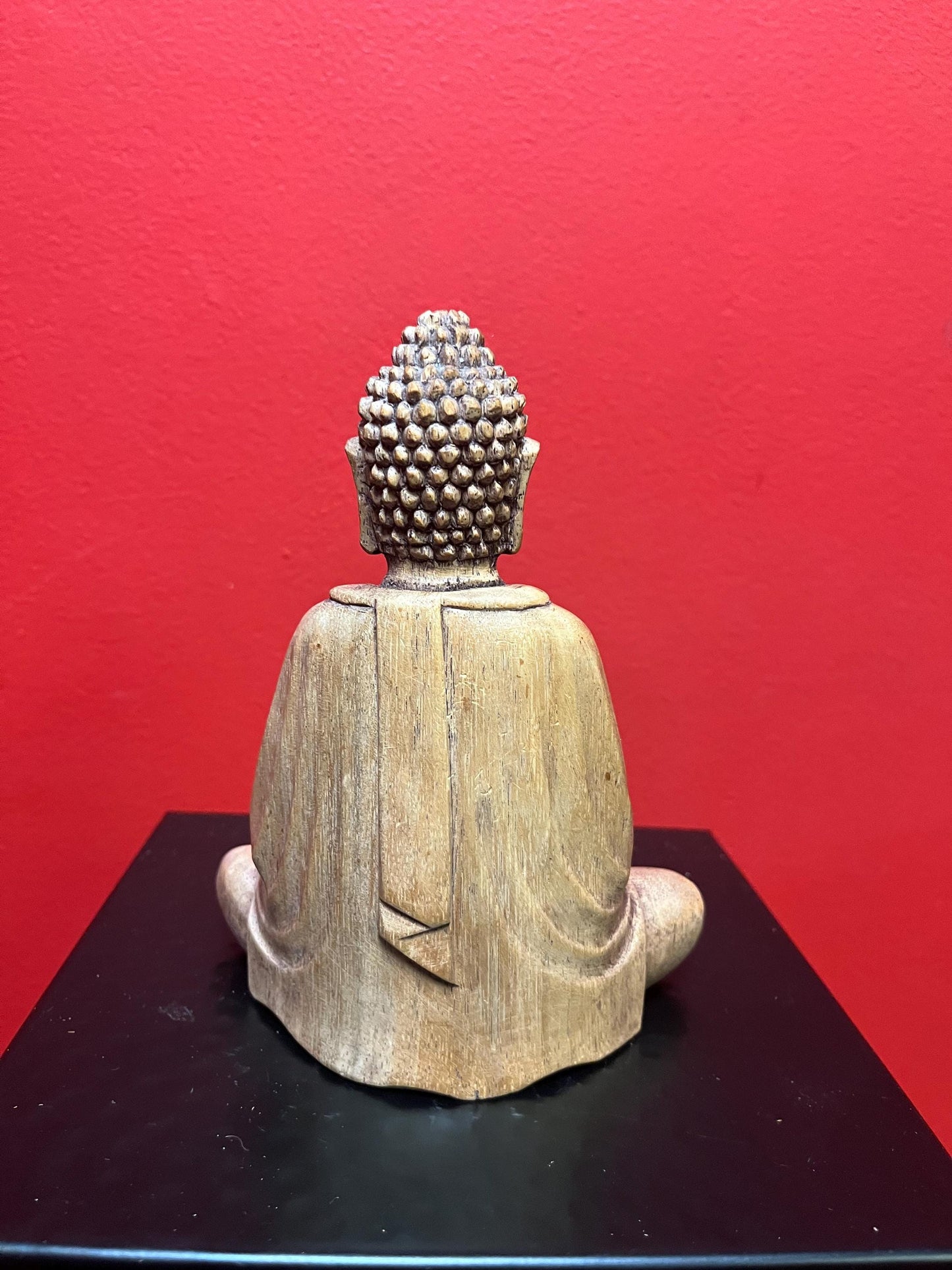 Lovely small Asian wooden carved Buddha with serene face  amazing detail  7 inches tall  wow