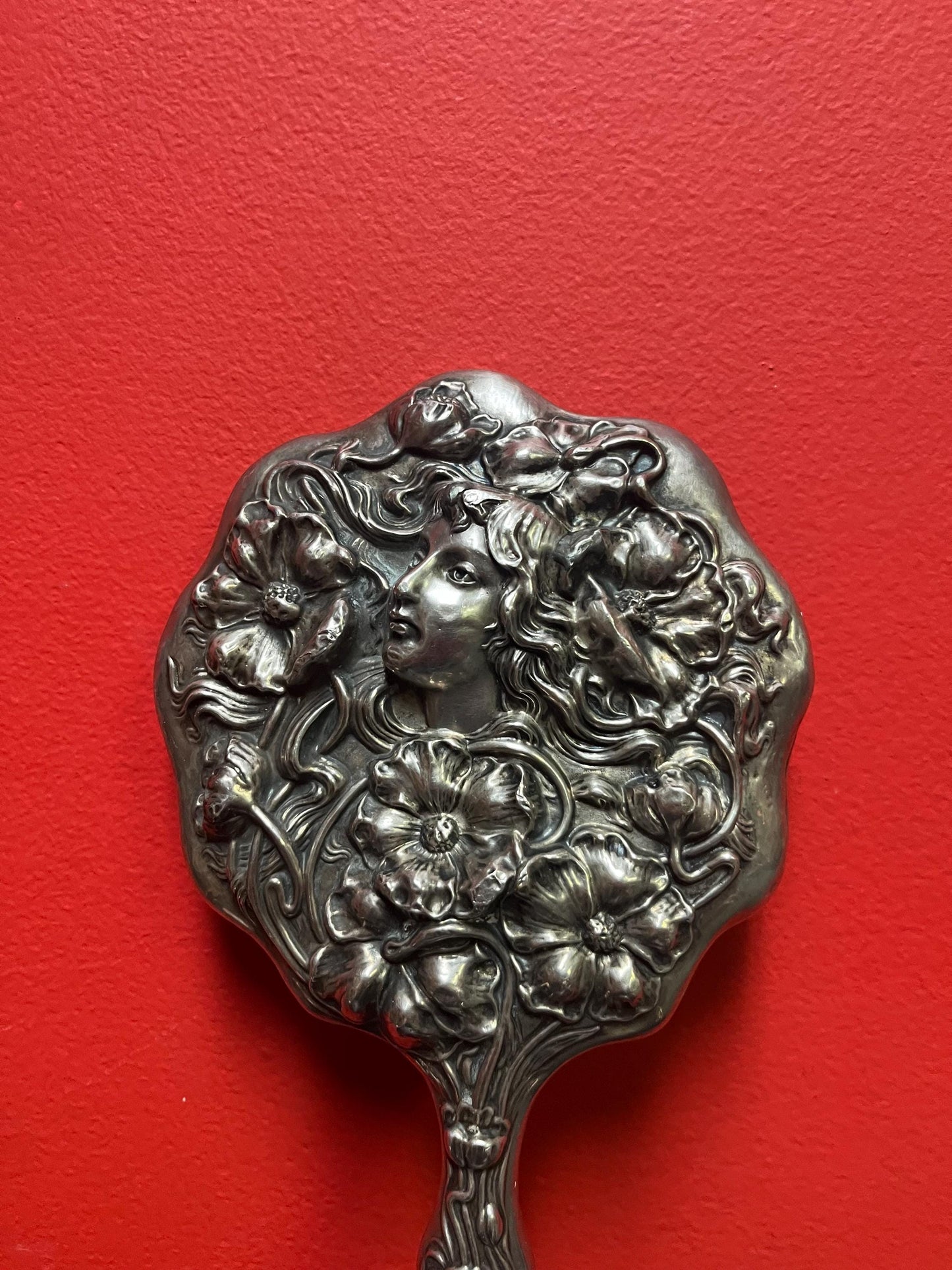 Stunning 9.5 inch long 1910 American sterling hand mirror with embossed flowers  tiny dents around the edge - great gift - great value - B