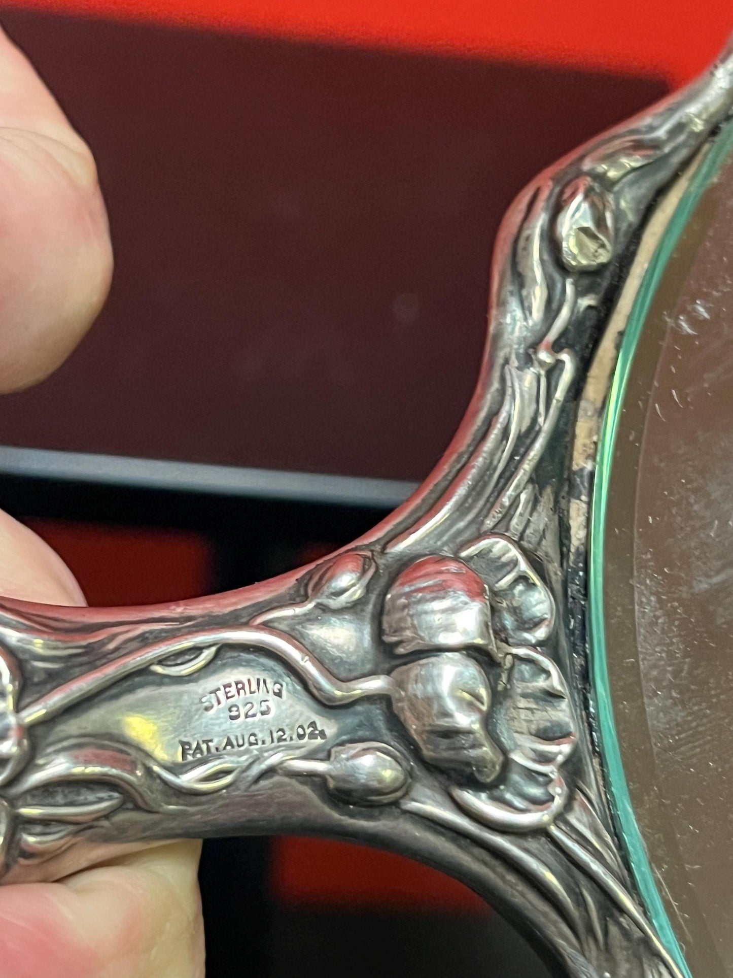 Stunning 9.5 inch long 1910 American sterling hand mirror with embossed flowers  tiny dents around the edge - great gift - great value - B