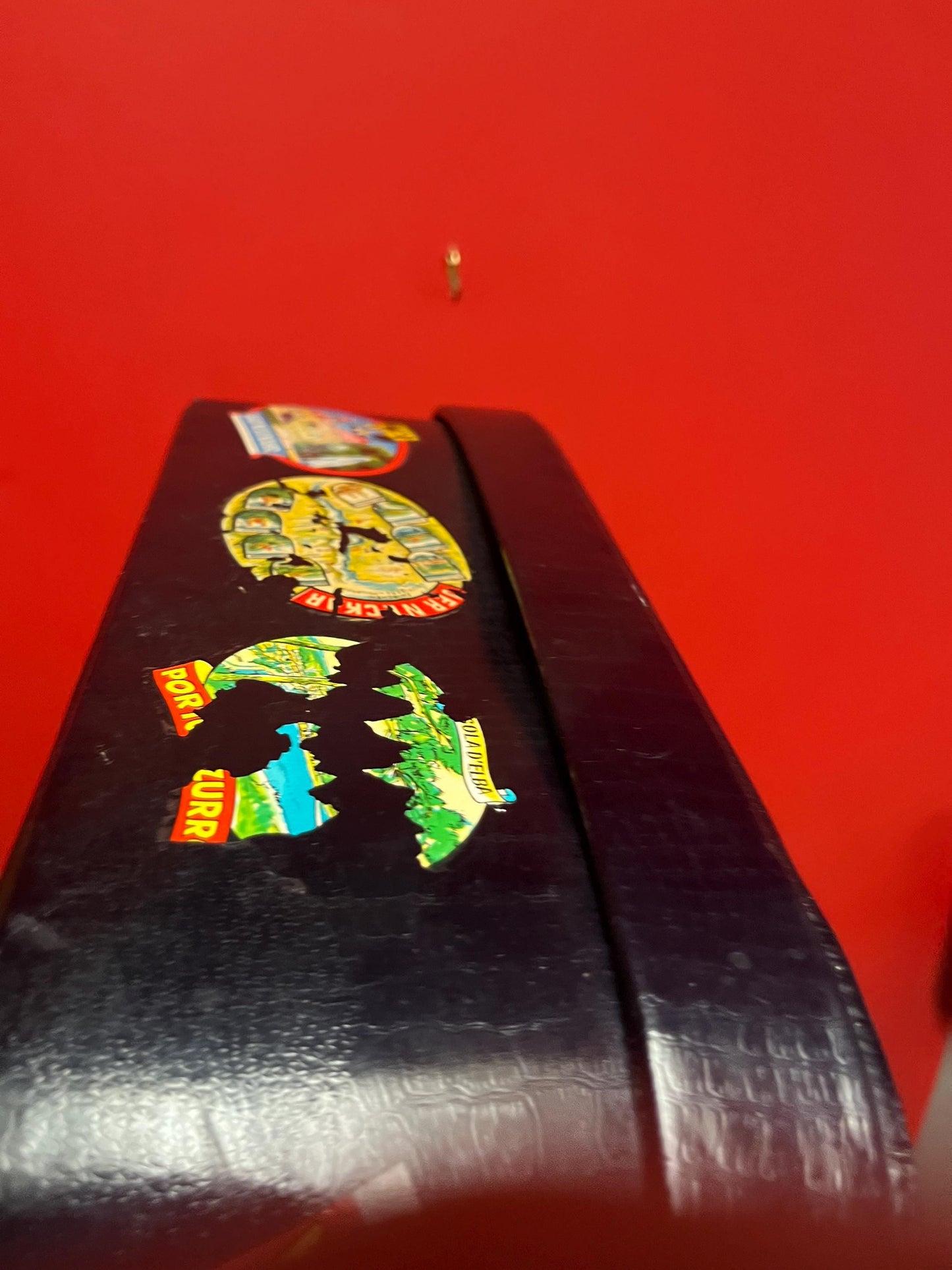 One of a kind 1920s  21 x 16 x 5 deep travel suitcase with the original stickers   amazing for use or decoration  wow