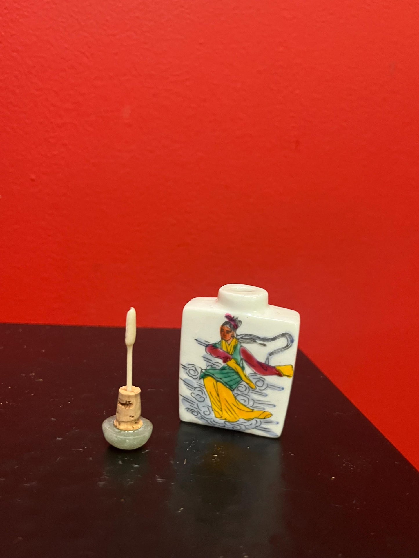 Chinese porcelain signed snuff bottle with stone stopper
