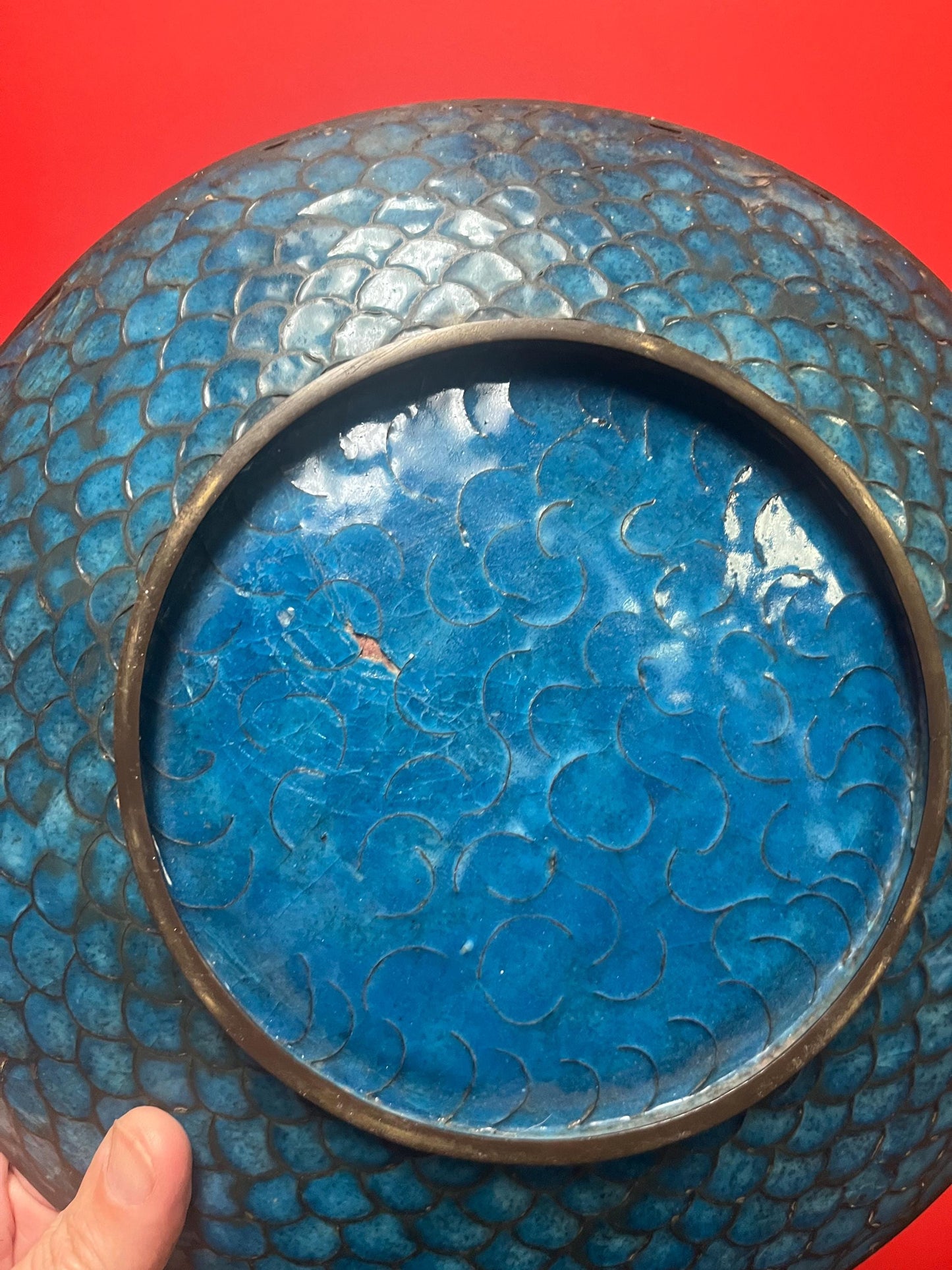 Stunning antique Japanese 12 inch wide cloisonné charger with dragons  front perfect  and back minor damage  amazing piece - wow