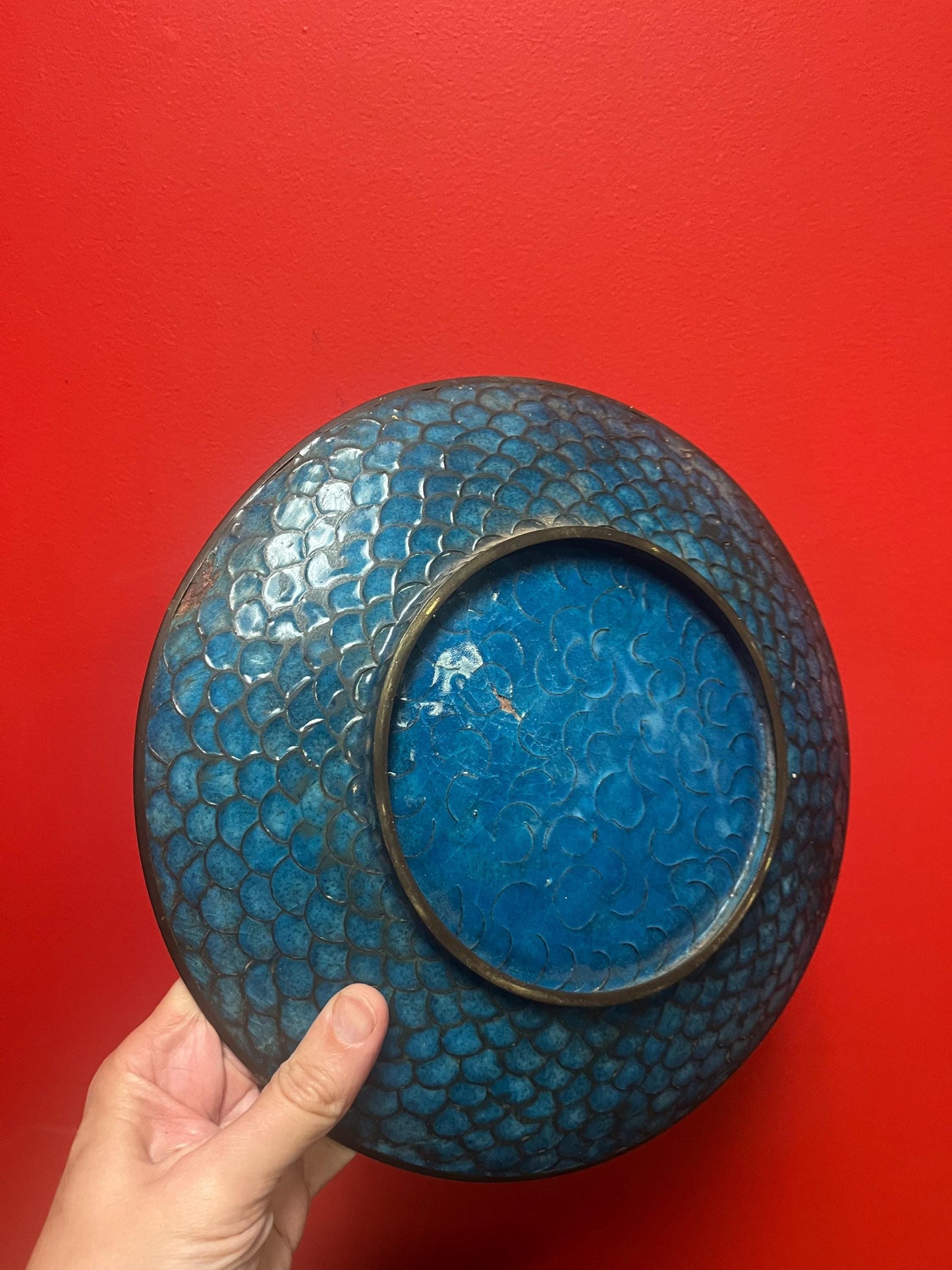 Stunning antique Japanese 12 inch wide cloisonné charger with dragons  front perfect  and back minor damage  amazing piece - wow