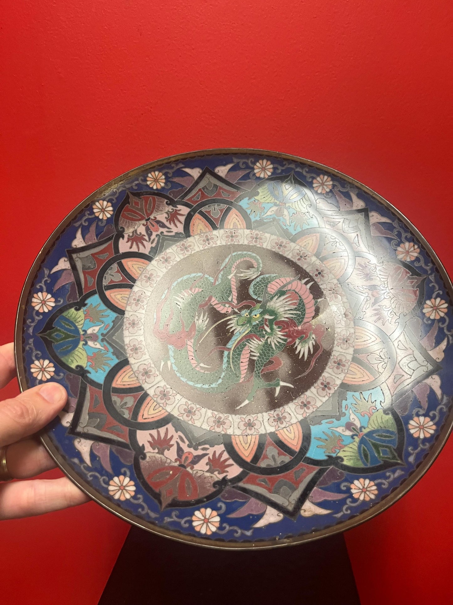 Stunning antique Japanese 12 inch wide cloisonné charger with dragons  front perfect  and back minor damage  amazing piece - wow