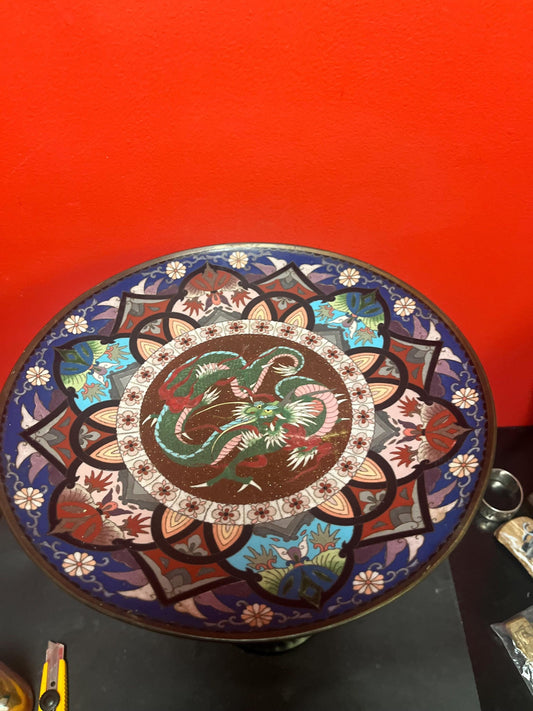 Stunning antique Japanese 12 inch wide cloisonné charger with dragons  front perfect  and back minor damage  amazing piece - wow