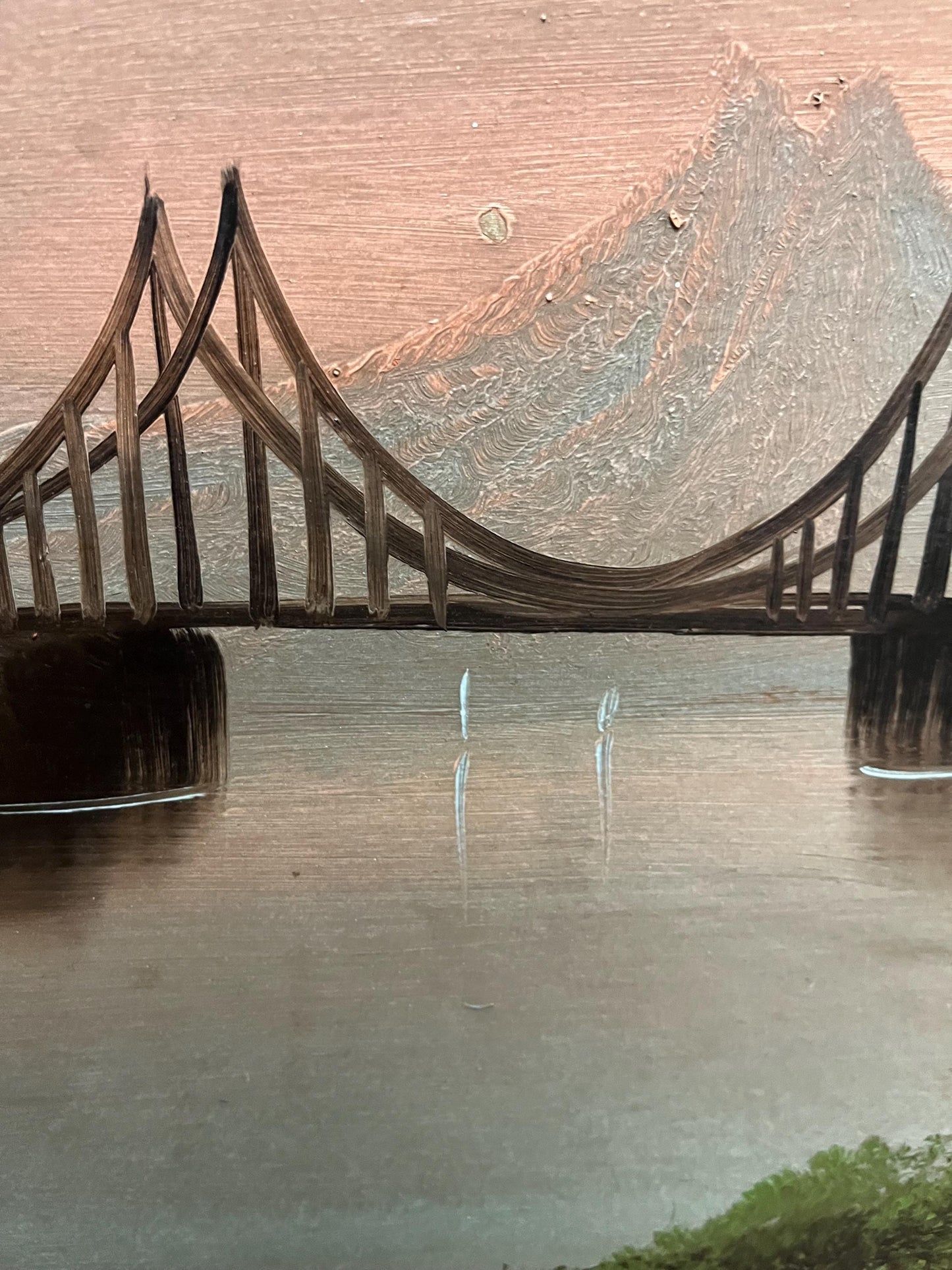 Beautiful antique 26 x 14“ framed original painting on board — lovely detail and great condition for age — harbour mountain scene -